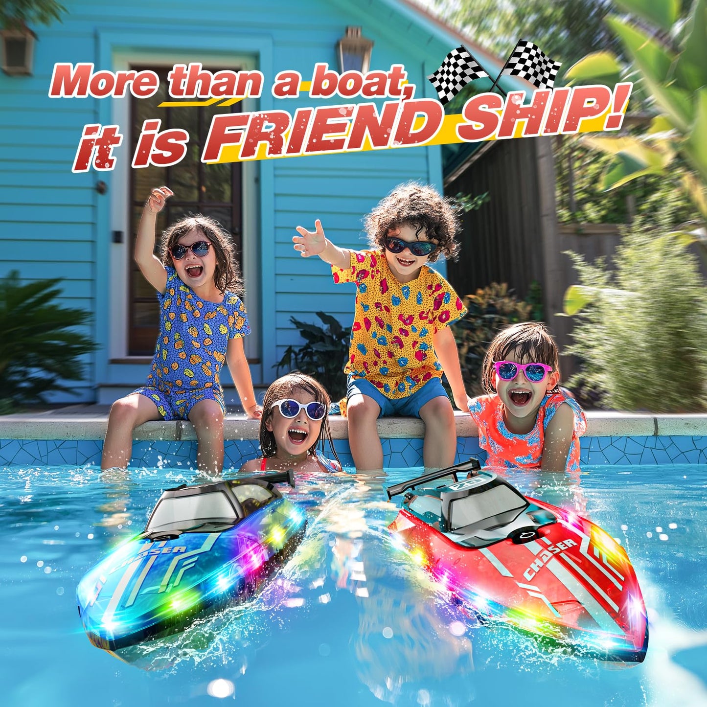 RC Boat with Dazzling LED Lights, 2.4Ghz Remote Control Racing Boats for Kids 8-12,Toy Water Boat for Pools and Lakes with Waterproof,Rechargeable Battery, for Boys Girls RED
