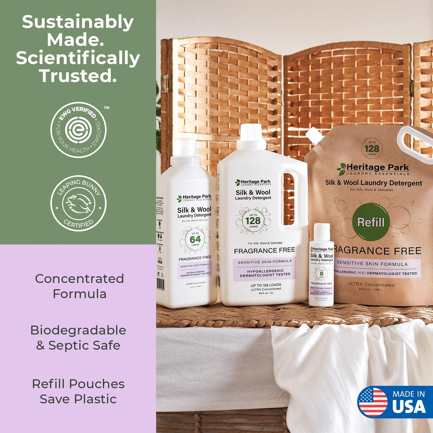 Heritage Park Silk & Wool Fragrance Free, Hypoallergenic, pH-Neutral Laundry Detergent - Dermatologist-tested, Sensitive Skin-Friendly, Enzymes-Free, Ultra Concentrated (4 fl oz Trial Size)