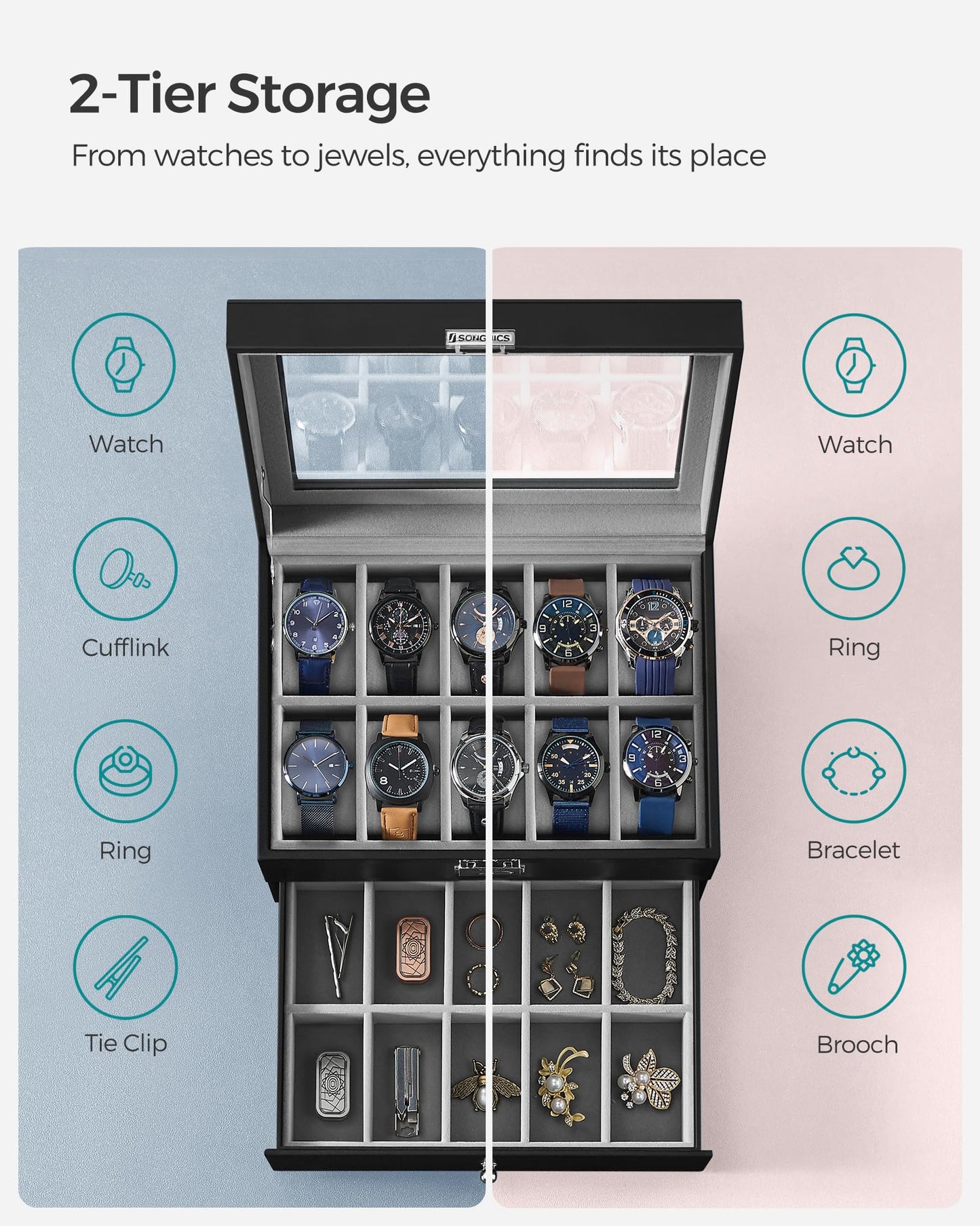 SONGMICS Watch Box, 20-Slot Watch Case Organizer with Large Glass Lid, Black Synthetic Leather, Gray Lining UJWB006V1
