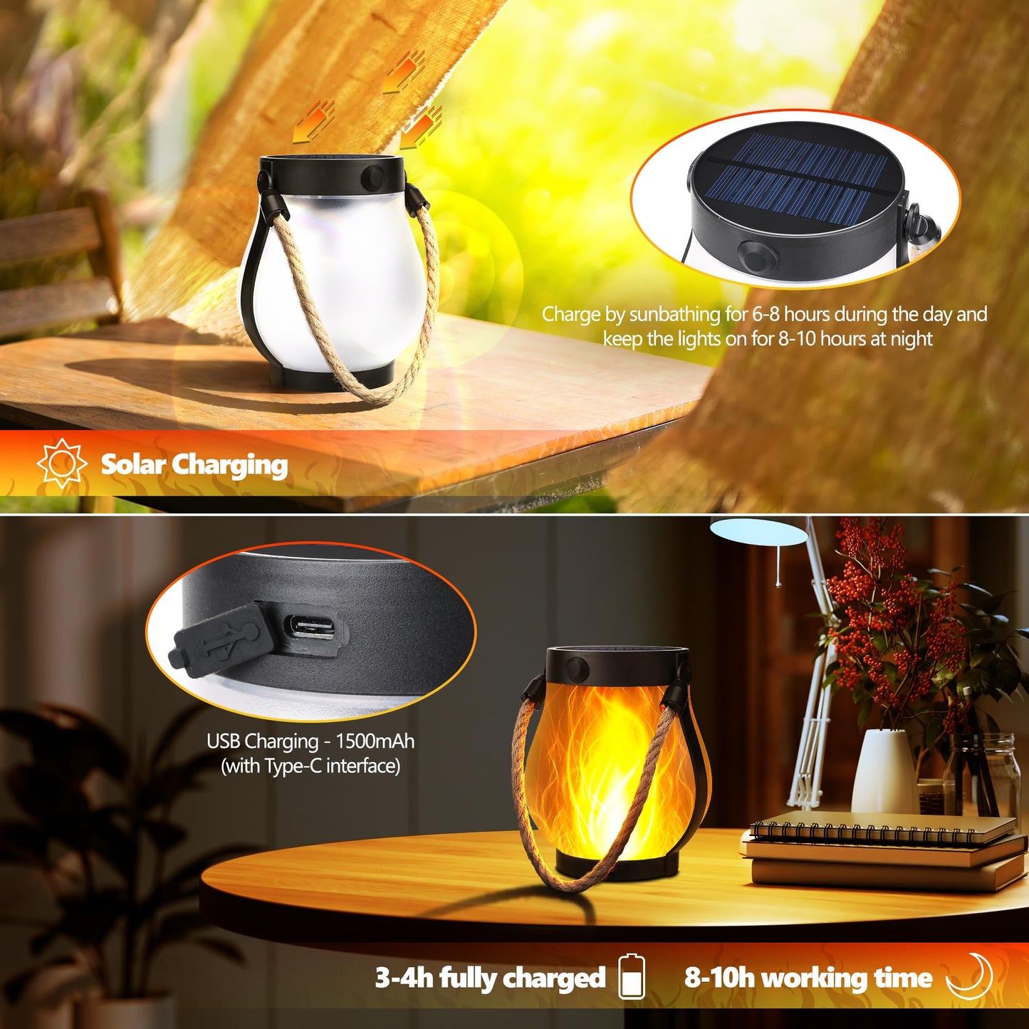 Jyoiat Outdoor Solar Lantern Lights - 2 Pack Solar Flame Hanging Patio Lights Garden Lights with USB Dual Mode Front Porch Lamps Wall Mount Patio Garage Decorative