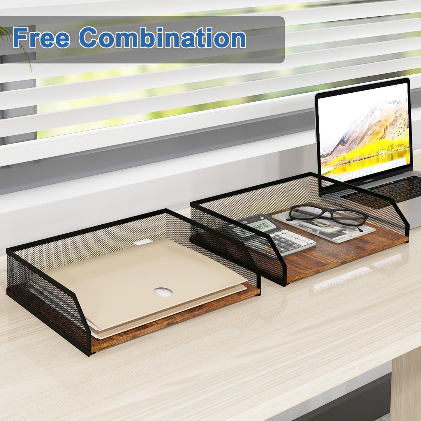 Natwind 2-Tier Wooden Stackable Paper Tray, Metal Mesh Desktop Organizer, Paper Sorter, Letter Trays,File Document Storage Rack for for Home, Office, School (Retro)