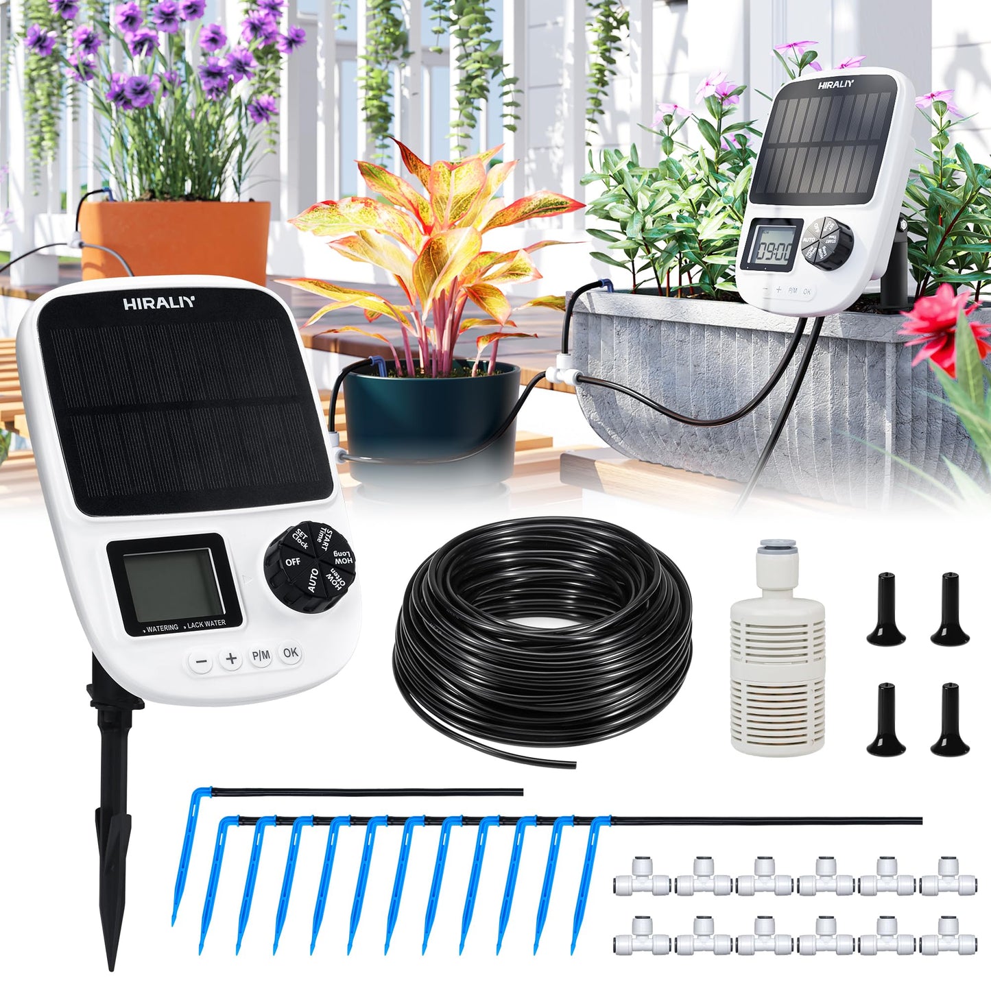 HIRALIY Solar Automatic Drip Irrigation Kit System with Drip Emitter Stake, Auto Easy DIY Watering Device Supported Pots Plants, 6 Modes Timer