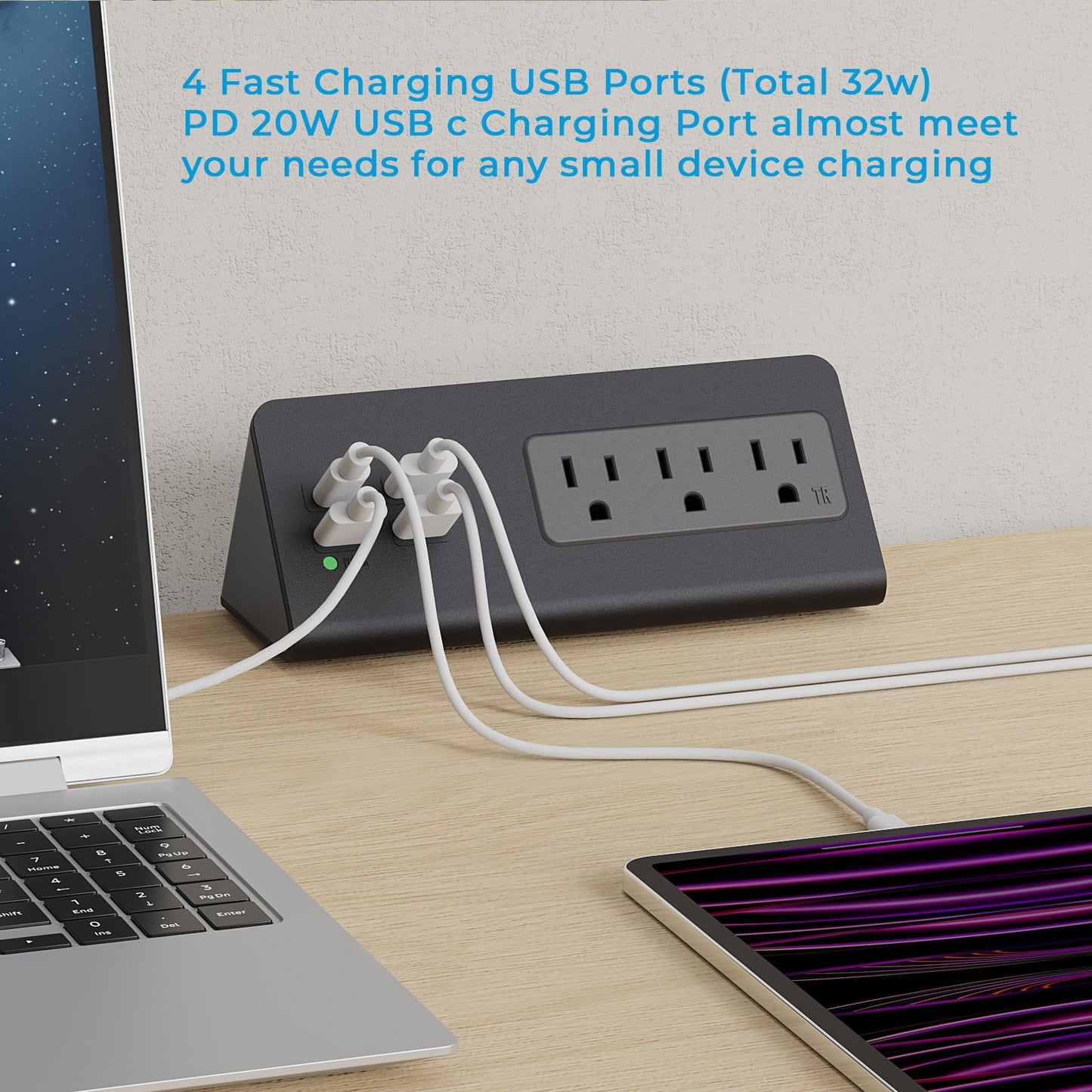 Desk Power Bar with PD 20W USB C, Haiaoyyds Nightstand Charging Station with 3 Outlets, 4 USB Ports, Desk Surge Protector Connect 6.56FT Flat Plug, Desktop Power Supply for Office, Home (Black)