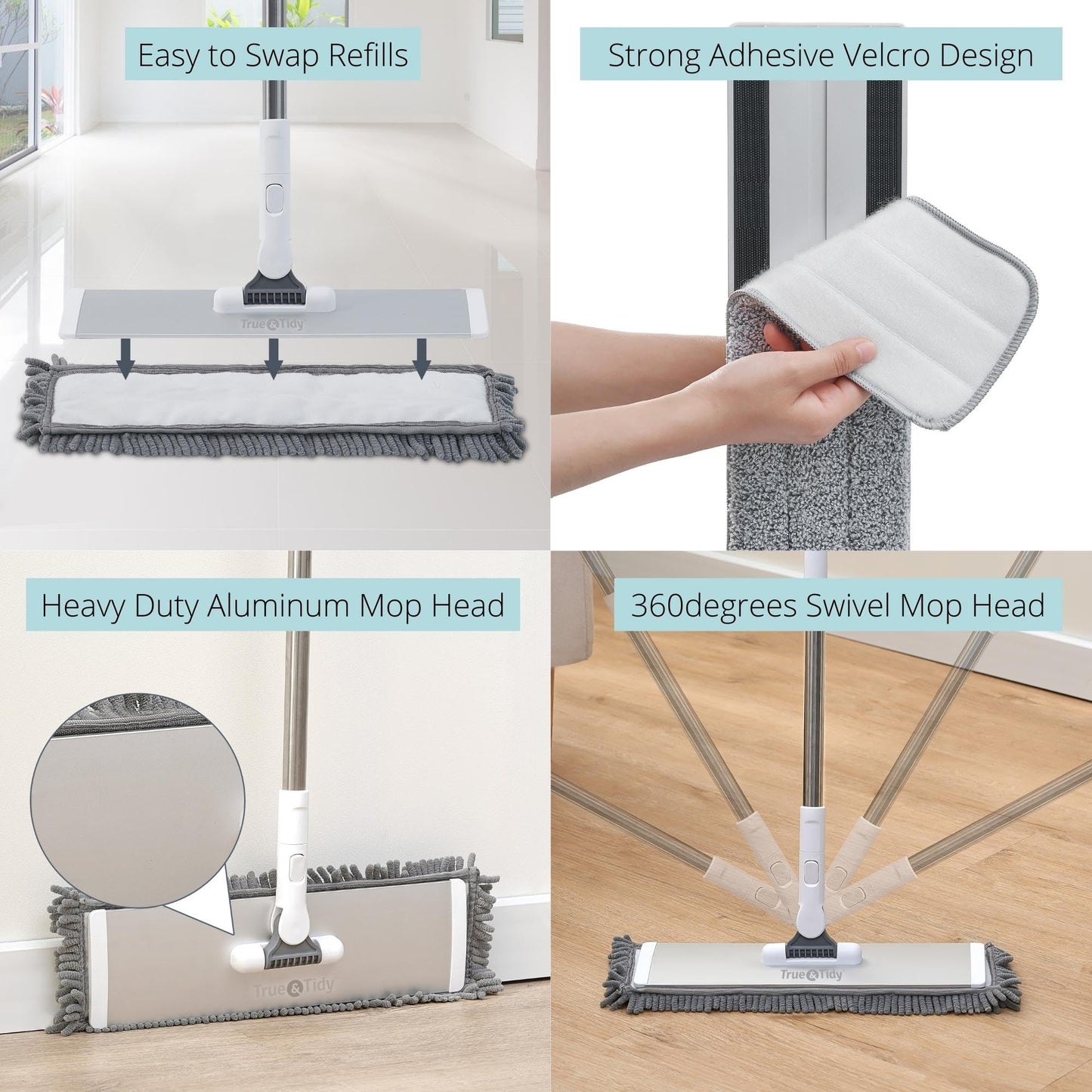 True & Tidy SWEEP-180A Heavy Duty Wet and Dry Sweeper Dust Mop, Includes 1 Microfiber and 1 Chenille Mop Pad, Aluminum Mop Head, for All Types of Floors