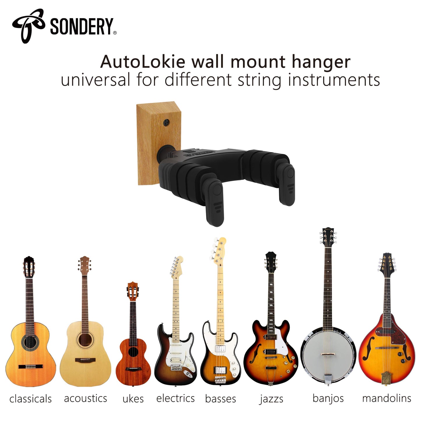 Sondery Guitar Hanger Wall Mount, Auto Lock and Adjustable Hook Holder for Acoustic and Electric Guitar, Ukulele, Bass, Banjo and Mandolin