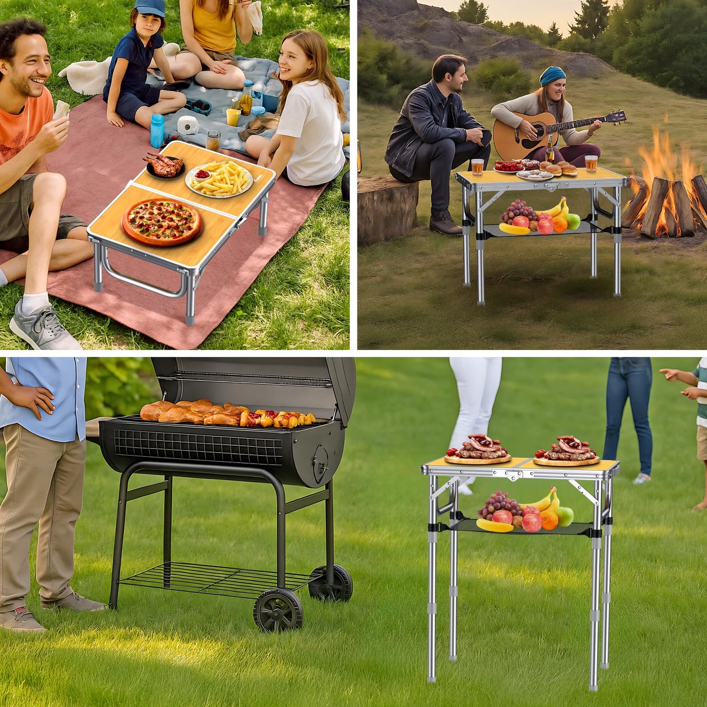 Anbte 2ft Folding Camping Table, 3 Adjustable Heights High 27.5" Aluminum Small Folding Table with Carrying Handle, Portable, for Outdoor Indoor Picnic Beach BBQ Travel, 24" x 16", Light Oak Grain