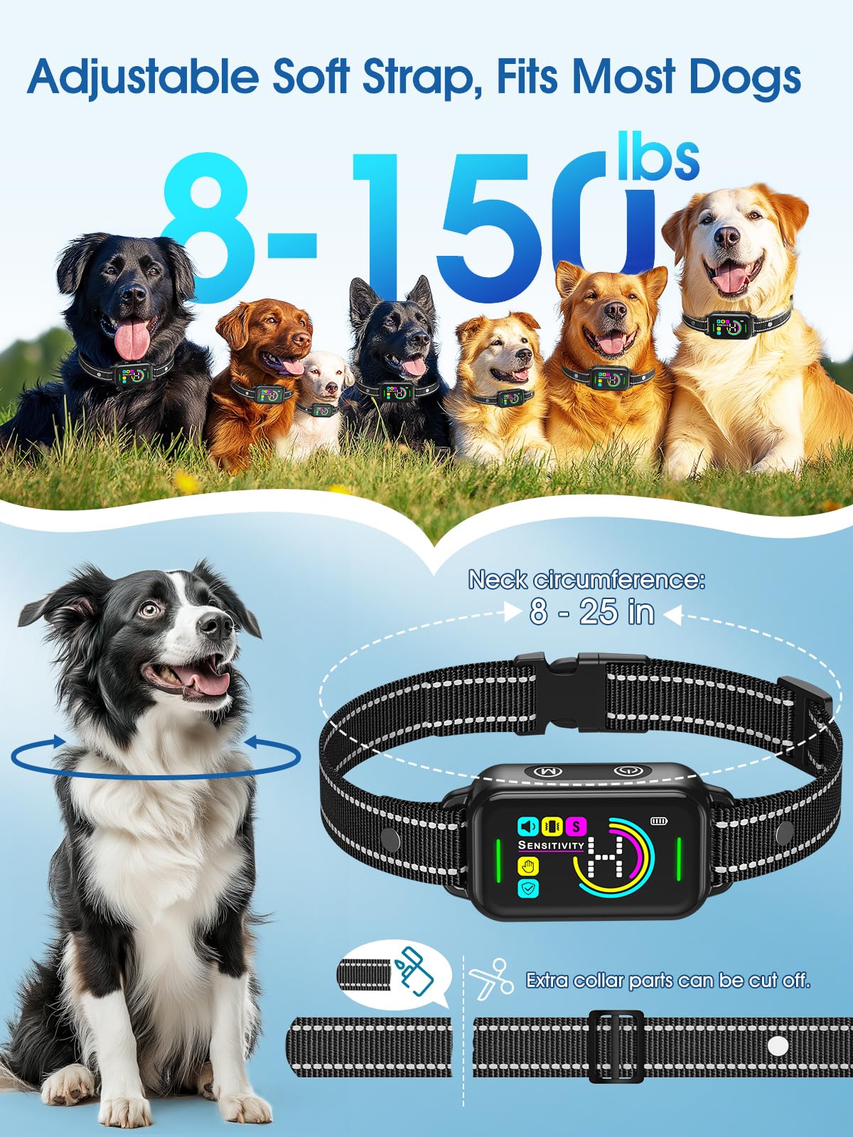Bark Collar, DINJOO Dog Bark Collar, Barking Collar for Large Medium Small Dogs, Rechargeable Anti Barking Training with 8 Adjustable Sensitivity, Dark Black