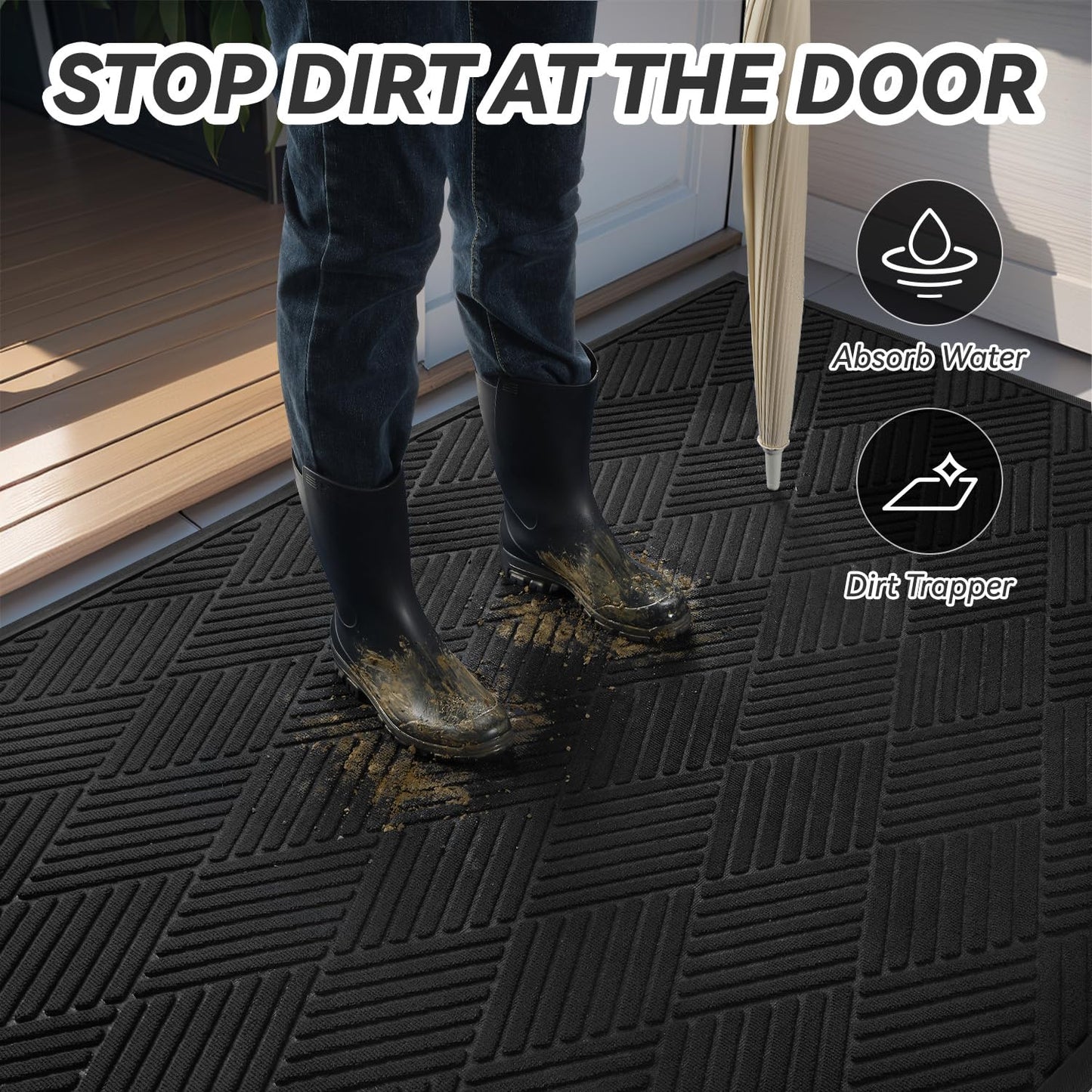 Front Door Mat Outdoor Indoor Welcome Mat Non Slip Rubber Doormat Absorbent Entryway Rug Entrance Mat Entry Rug Dirt Scraping Shoe Mat Black 60X120cm