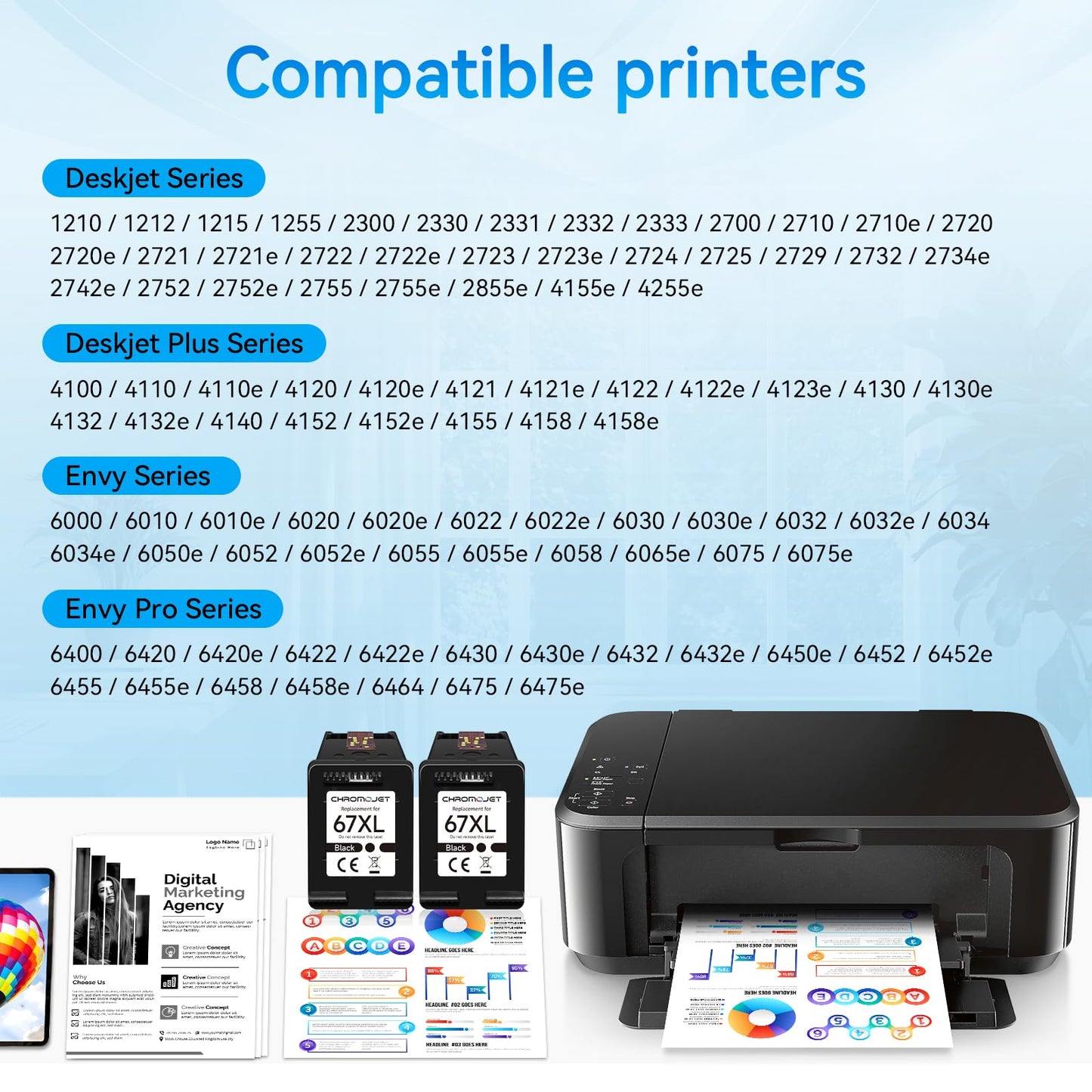67XL Black Ink Cartridges Compatible for HP 67 Ink Cartridges Compatible for HP Ink 67 Fit for DeskJet 4155e 2855e 2755e 2700 2700e 2800e 4100 4255e 2734e Envy 6055e 6455e 6000 6400 Printer(2 Black)