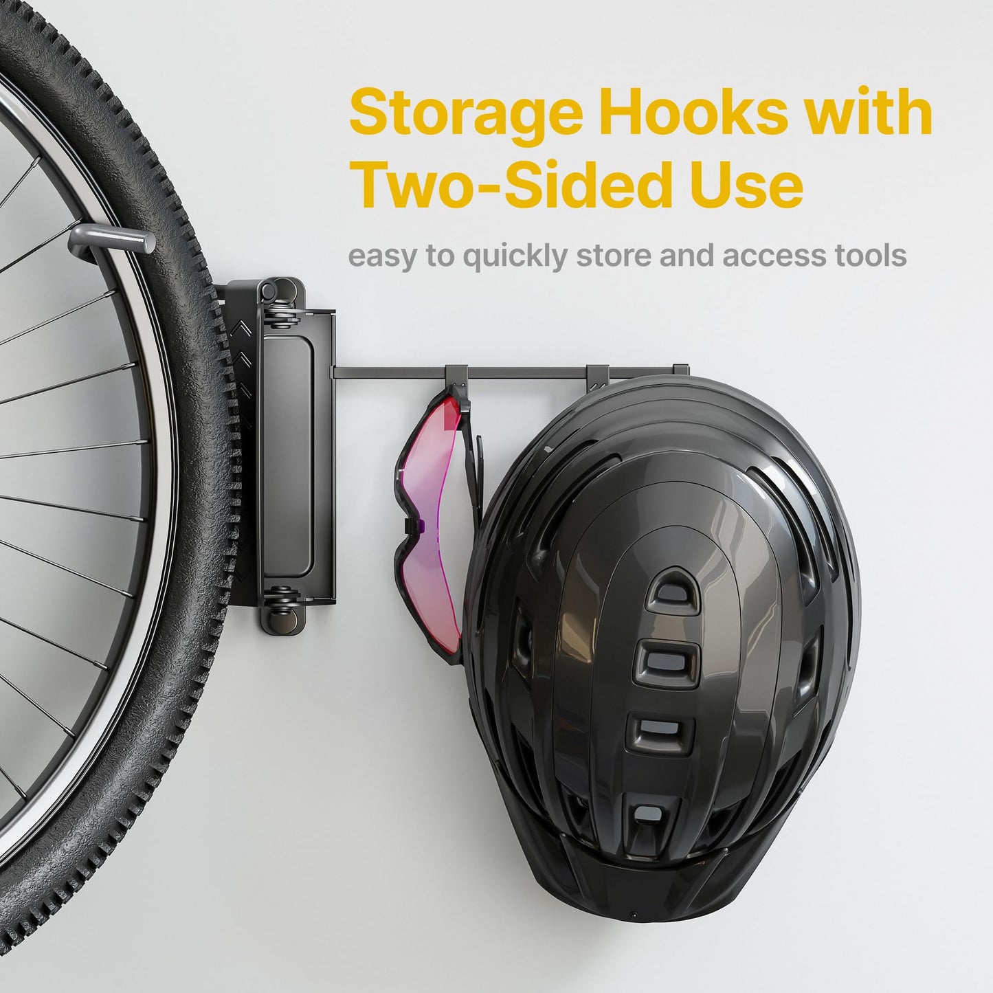 monTEK Swivel Bike Wall Mount, Bike Hangers for Garage, Bike Mount with Two Extra Storage Hooks, Bike Hanger Wall Mount for Space Saving, Bike Rack Garage Holds Up to 77 lbs