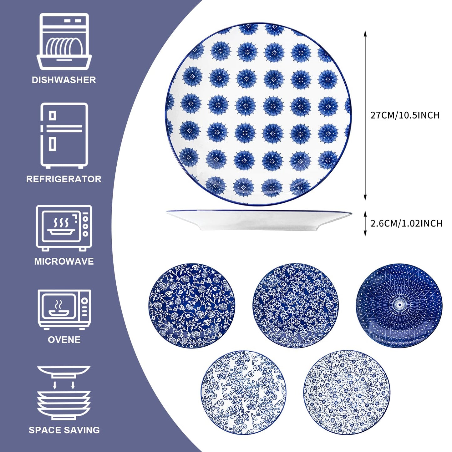 Cerkik Ceramic Dinner Plates Set - 10.5 Inch / 27 cm Large Porcelain Salad Serving Plate for Pasta Steak Pancakes Pizza - Scratch Resistant Microwave Oven Dishwasher Safe - Set of 6 - Vintage Blue