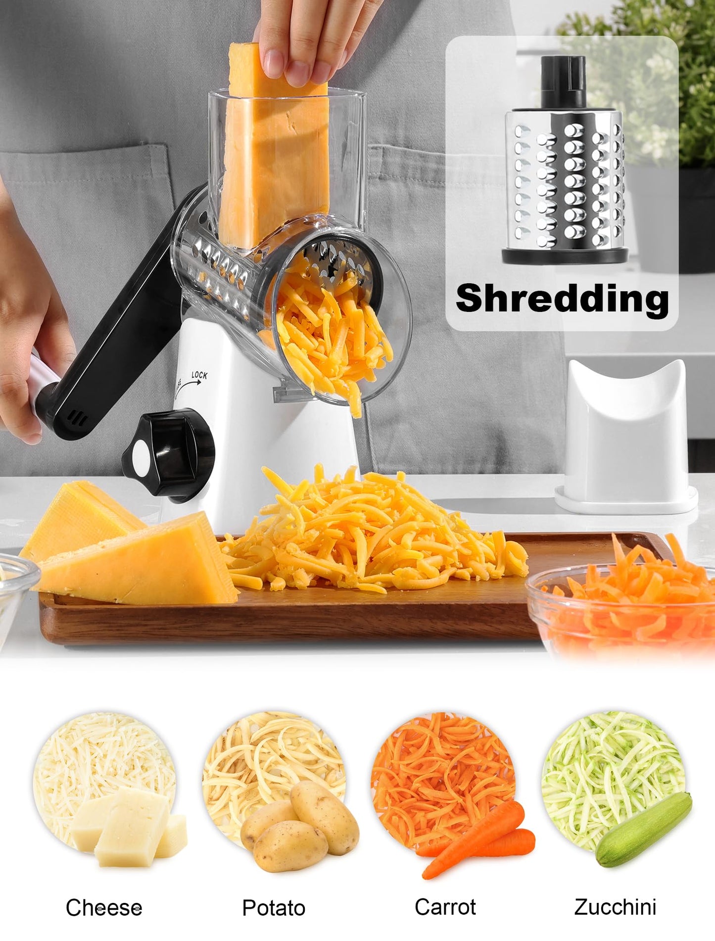 Cheese Grater Rotary, Rotary Cheese Shredder for Kitchen, Kitchen Grater Vegetable Slicer with 3 Drum Blades, Fast Cutting Cheese Shredder for Vegetables and Nuts