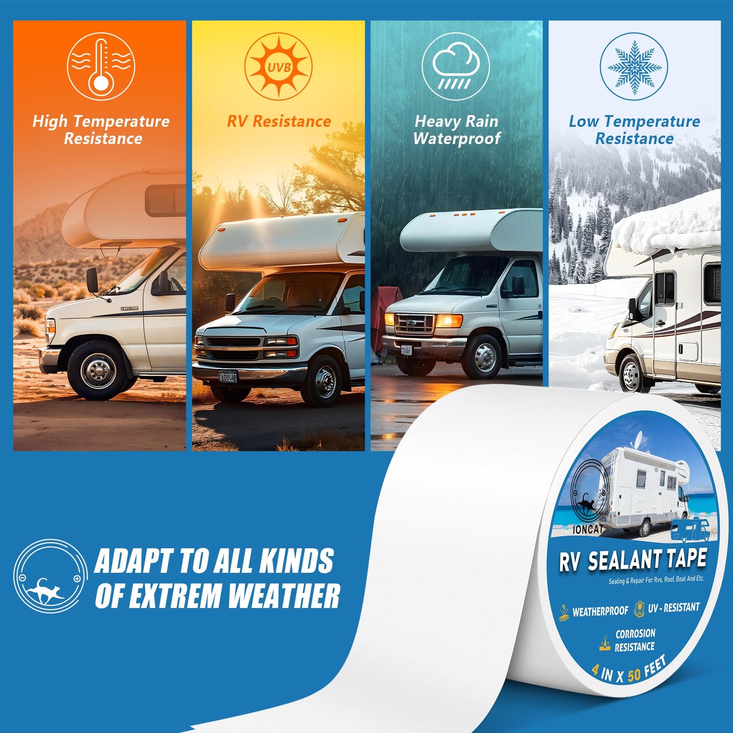 IONCAT RV Roof Sealant Tape, 4 Inch X 50 Feet RV Repair Tape for Camper Trailer Boat Seam Leaks Roof Repair, UV Resistant & Weatherproof RV Seal Tape, RV Roofing Tape Waterproof, White