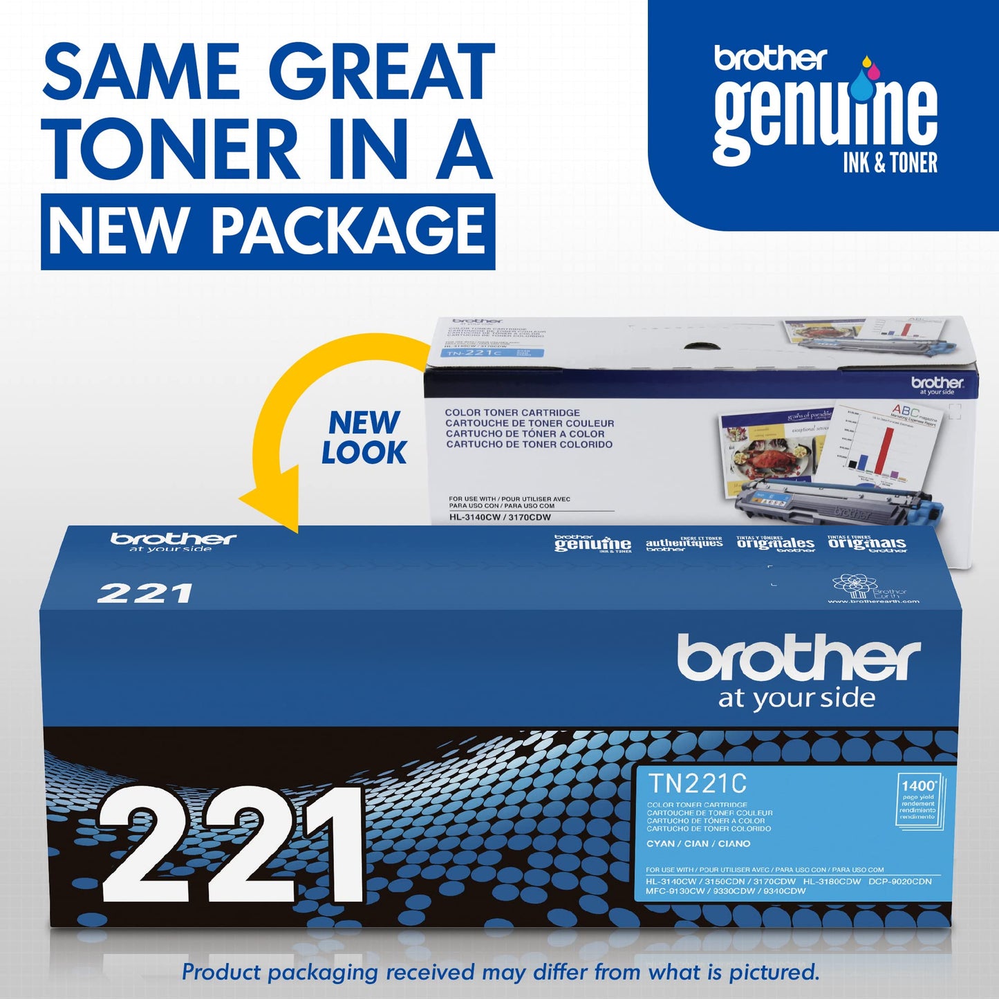 Brother original TN221C Standard Yield Cyan Toner Cartridge, original toner replacement cartridges, toner for Brother laser printers HL-3140CW, HL-3170CDW, MFC-9130CW, MFC-9330CDW, and more