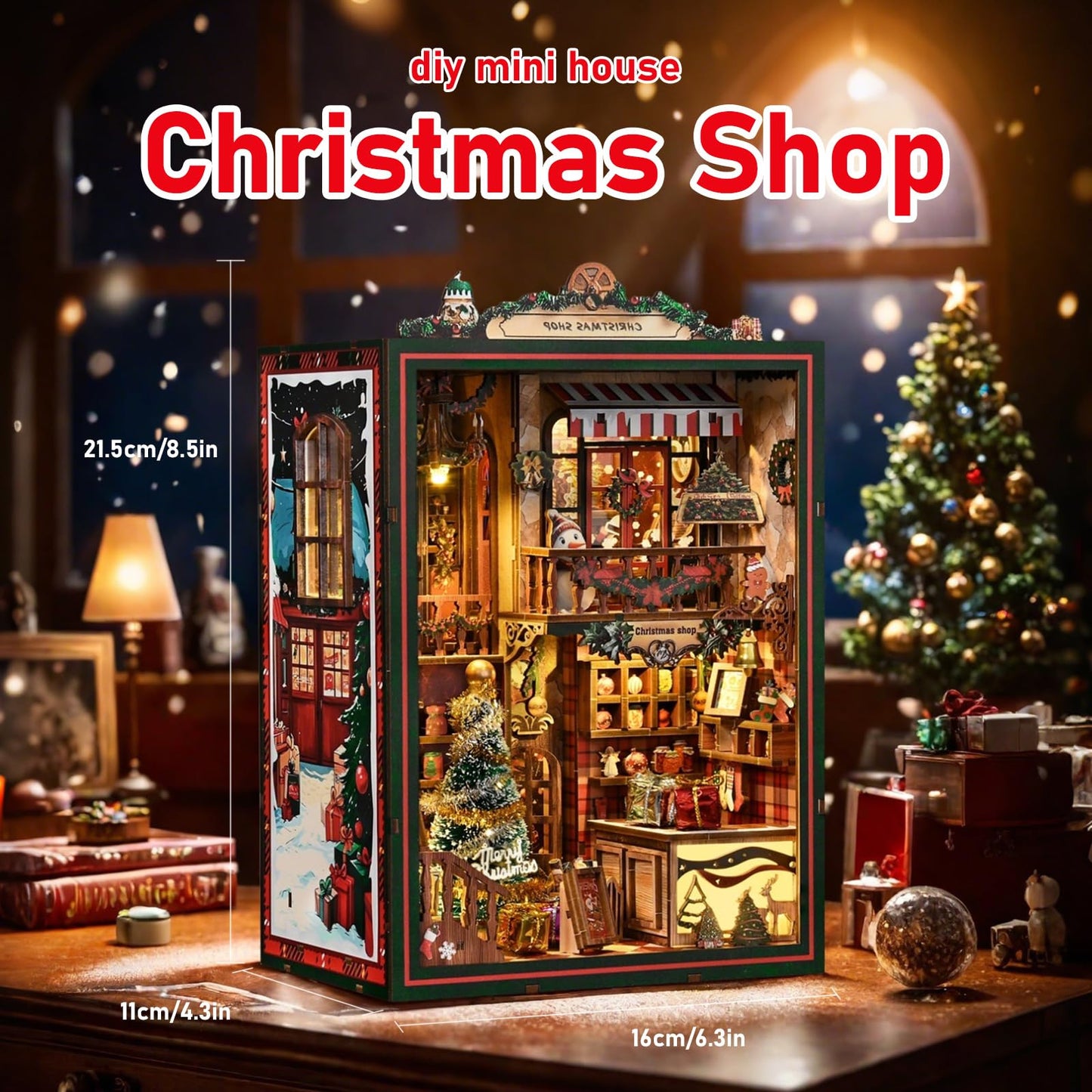 cjc Christmas Book Nook Kit for Adult - DIY Miniature Dollhouse Book Nook with Music Tiny House, 3D Wooden Puzzle Bookshelf Decor for Adults, Creative for Family Friends‌