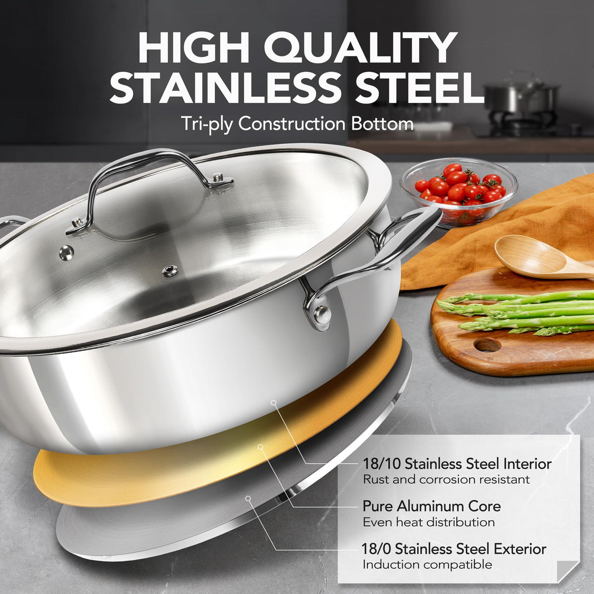 Michelangelo 12 Inch Stainless Steel Pan with Lid - Large Saute Pan with Lid, Deep Frying Pan Dishwasher & Oven-Safe, All Cooktops Compatible, 6 Quart
