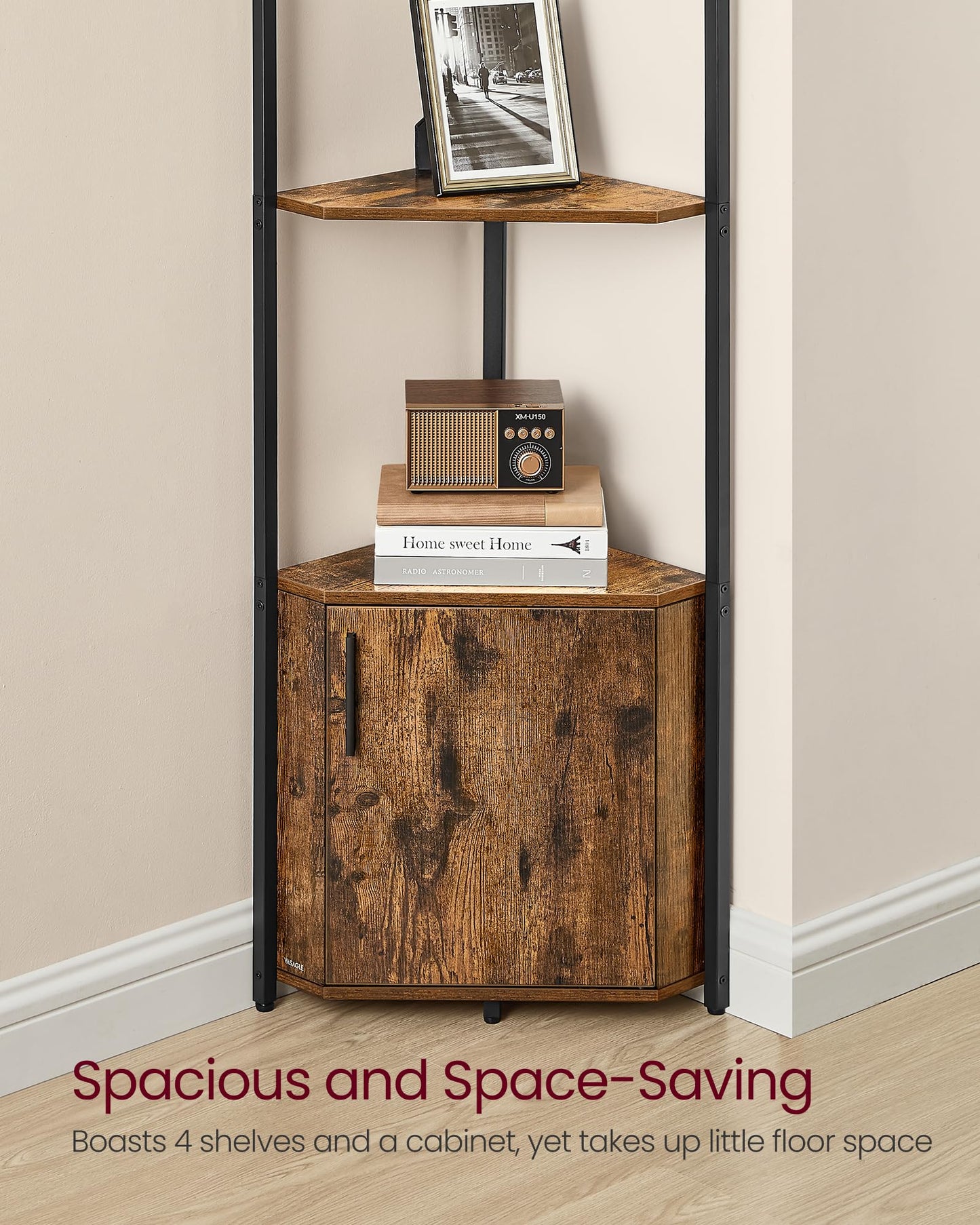 VASAGLE Corner Shelf with Storage, 5-Tier Corner Storage Cabinet, for Living Room, Bedroom, Kitchen, Bathroom, Rustic Brown and Ink Black ULBC580K01