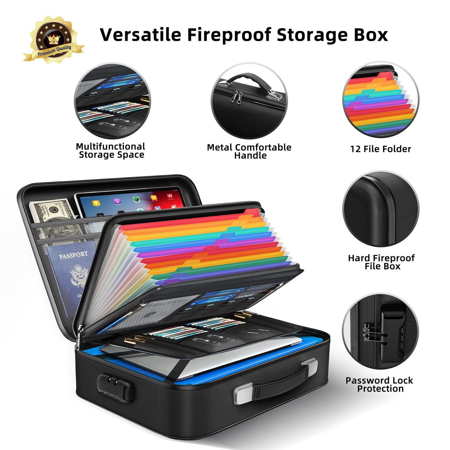Deelhety Fireproof Document Box - 8-Layer Hard Shell Fire Proof Safe for Home Documents, Water Resistant File Organizer for Desk Money, Safety Box for Passports Certificates Laptop