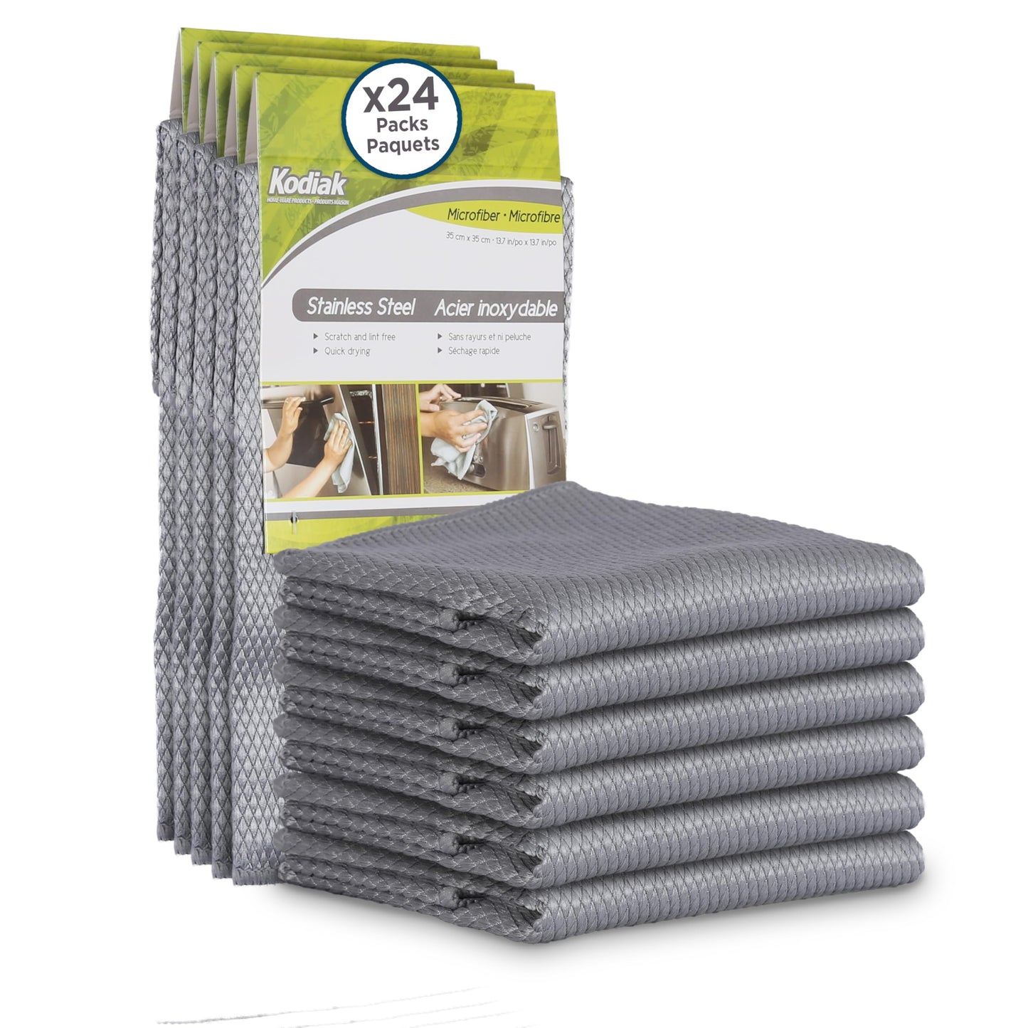Kodiak Microfiber Stainless Steel Cleaning Cloths – 24 Count, 13.7 x 13.7 Inches, Streak-Free, Lint-Free Towels for Appliances, Fixtures & Surfaces, Reusable & Durable