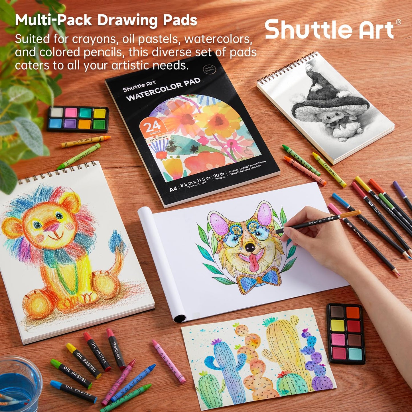 Shuttle Art Deluxe Art Set, 149 Piece Art Supplies in Wooden Case, Painting Drawing Art Kit with Acrylic Paint Pencils Oil Pastels Watercolor Cakes Coloring Book Watercolor Sketch Pad for Kids Adults