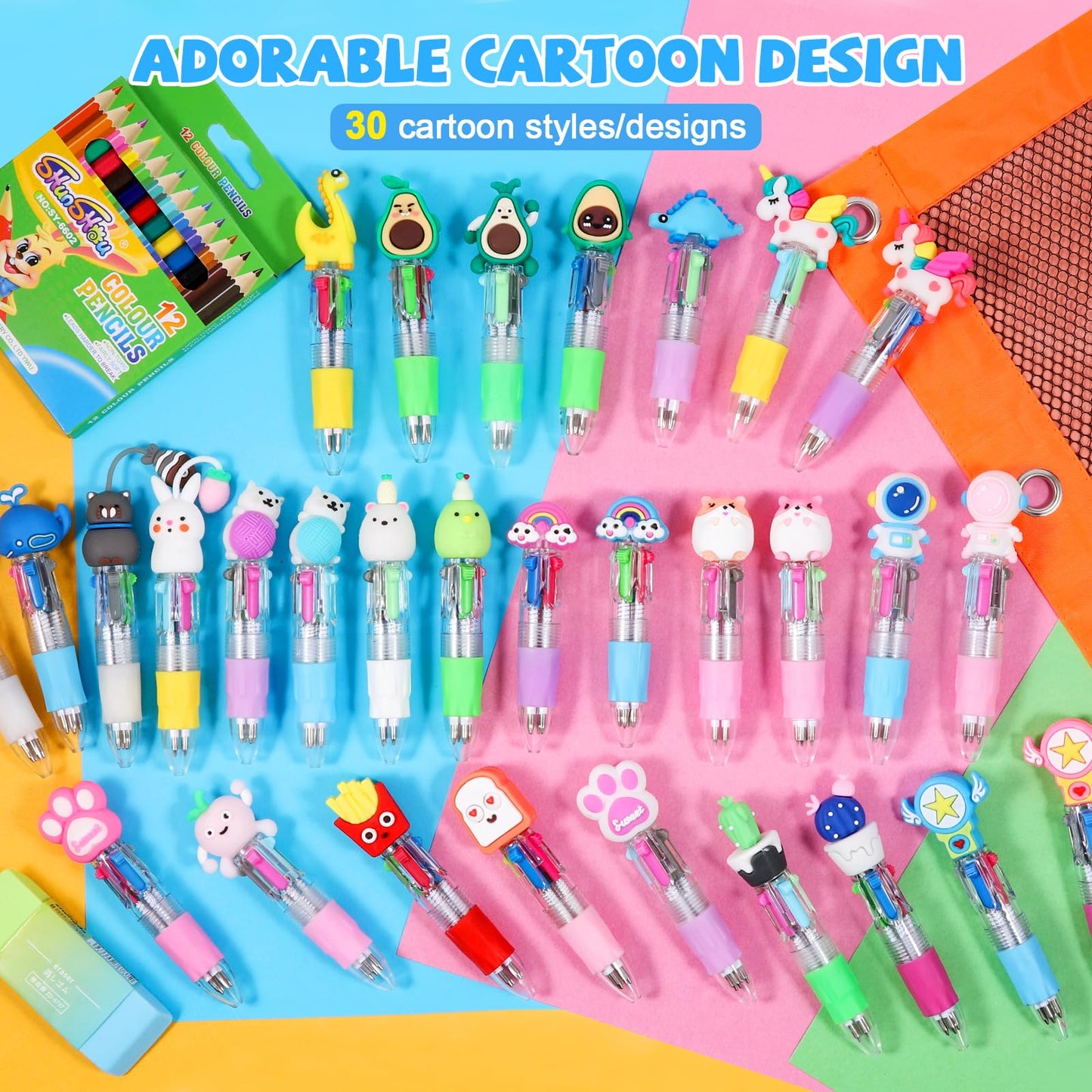 JOLLYFUN 60PCS Mini 4-in-1 Multicolor Retractable Ballpoint Pens - Cute Cartoon Pen Set with Blue Red Black Green Ink - School Supplies, Classroom Prizes, Kids Party Favors, Year End Gifts