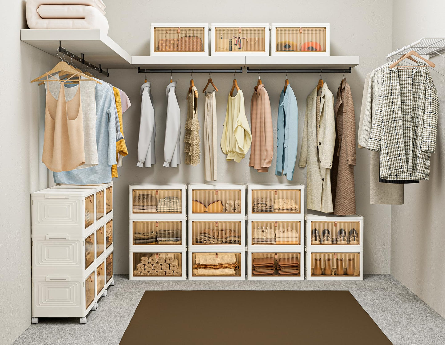 HOMIDEC Closet Organizers, 3 Tiers with a Top Lid, Wardrobe Closet with Wheels, Closet Organizers and Storage for Clothes, Stackable Closet Storage Bins, for Living Room, Bedroom, White 33L*3 Pack