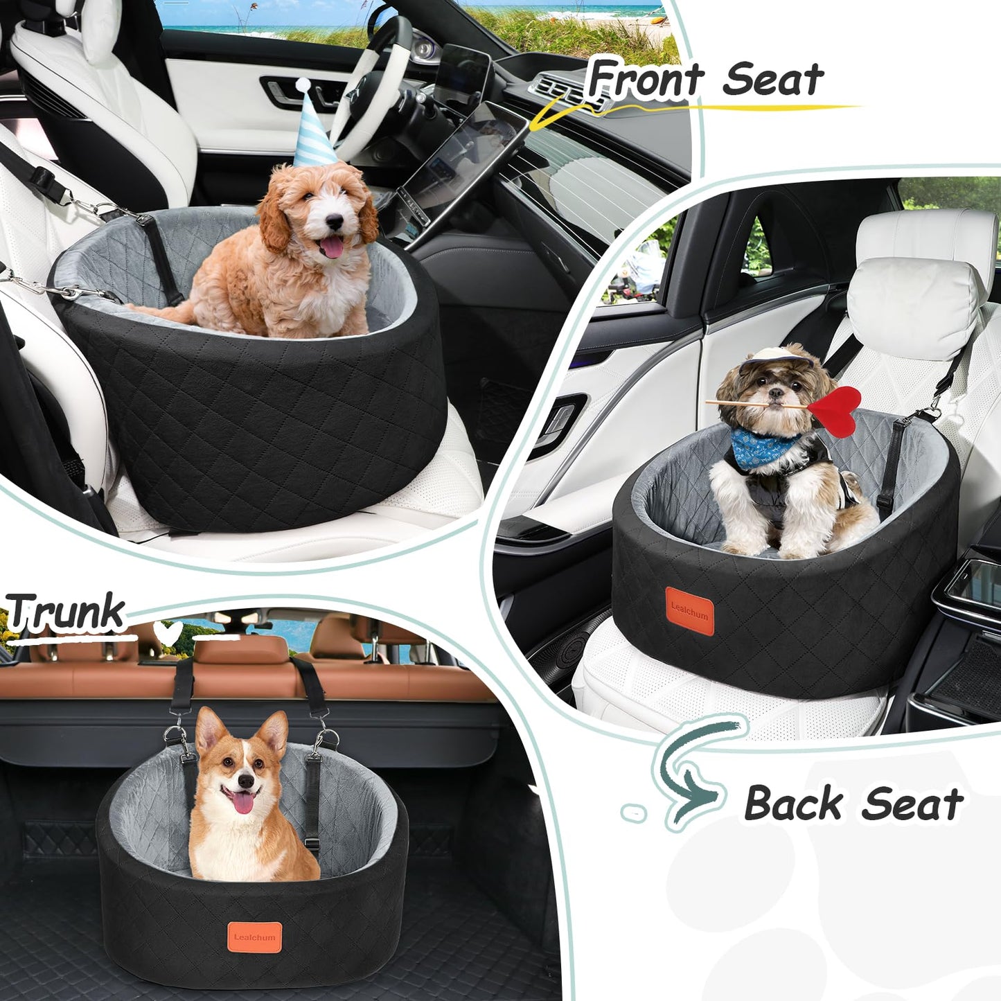 Lealchum Dog Car Seat Up to 30 lb Dogs, 2 Adjustable Safety Dog Leashes, Pet Washable Travel Car Seat with Non-Slip Bottom, Easy to Install and Removable, Covered with Soft Fabric (Black/Grey, Small)