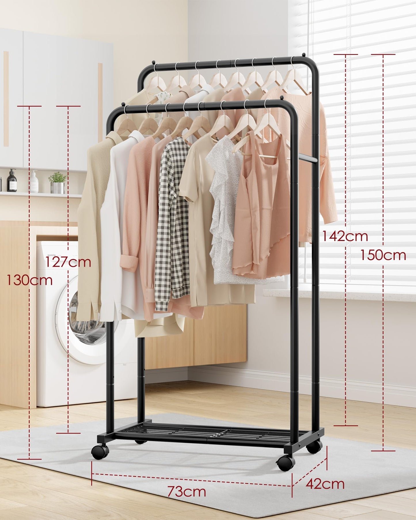 Sakugi Clothing Rack - Movable Multi-Functional Coat Rack with 4 Universal Wheels, Long-Lasting Metal Clothes Rack with Extra Storage Shelf for Bedroom, Office, Laundry(Black, 73W x 42D x 150H cm)
