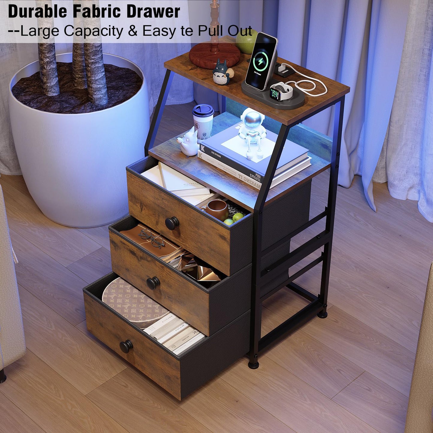 GiftGo Nightstand with Charging Station Led Light and 3 Fabric Drawers Bedside Sofa Side End Table for Bedroom Living Room (Rustic Brown, 3 Drawers)