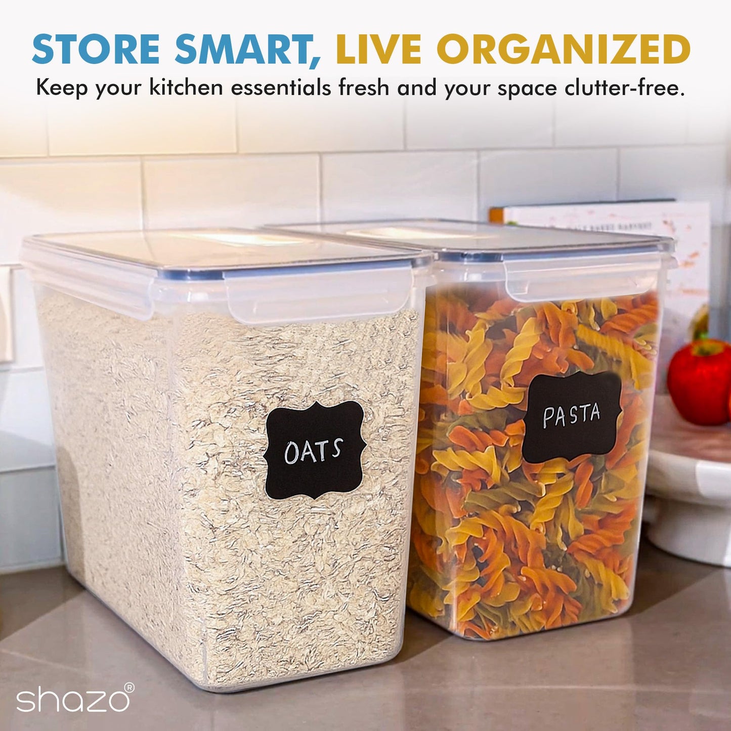 Shazo 2 PC (11L | 372 oz) Flour Sugar Storage Containers with Easy Carry Handle - Plastic Extra Large Food Storage Containers with Lids, BPA Free Airtight Kitchen Canister Set for Rice, Cereal & Pasta