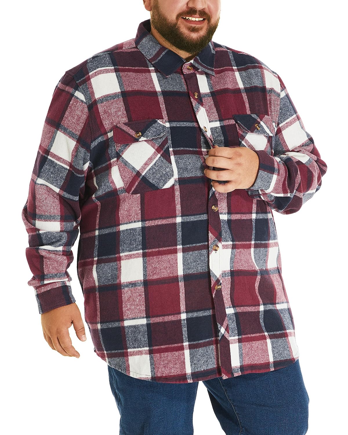 HOdo Big and Tall Mens Heavyweight Flannel Shirt 2XL- 6XL Button Down Shirt Burgundy Square 4XL