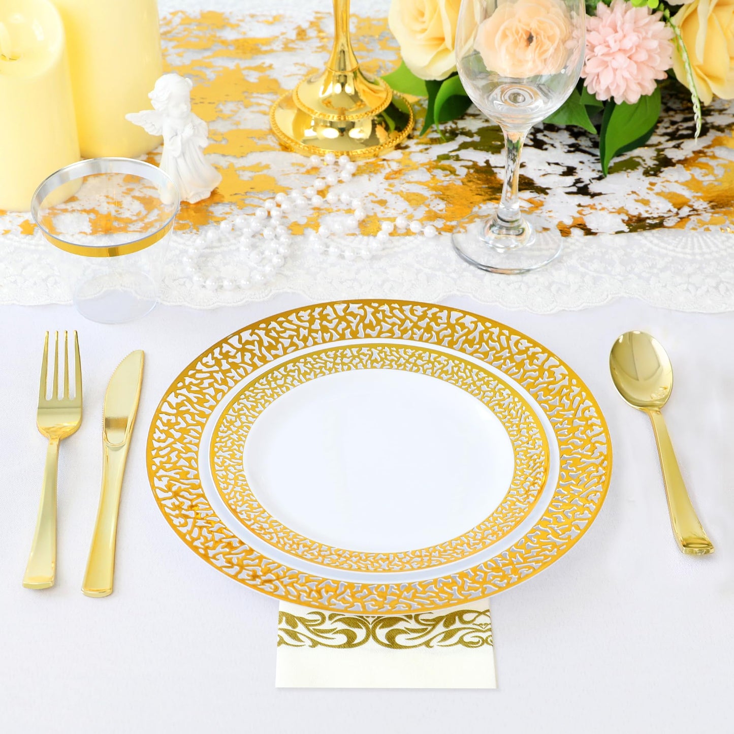 100 Pieces Disposable Party Gold Plastic Lace Plates, 50 Heavy Duty Gold Dinner 10.25 Inch and 50 Disposable Dessert Appetizer Elegant Fancy Wedding 7.5 Inch Plates
