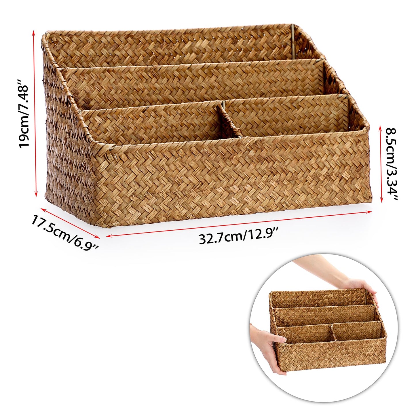 BTSKY Office Desk Organizer Natural Seagrass Desk Organizer with 4 compartments, Handmade Woven Wicker Mail Sorters, Office Supply Caddy Accessories Holder Organizer for School, Home, Office Supplies