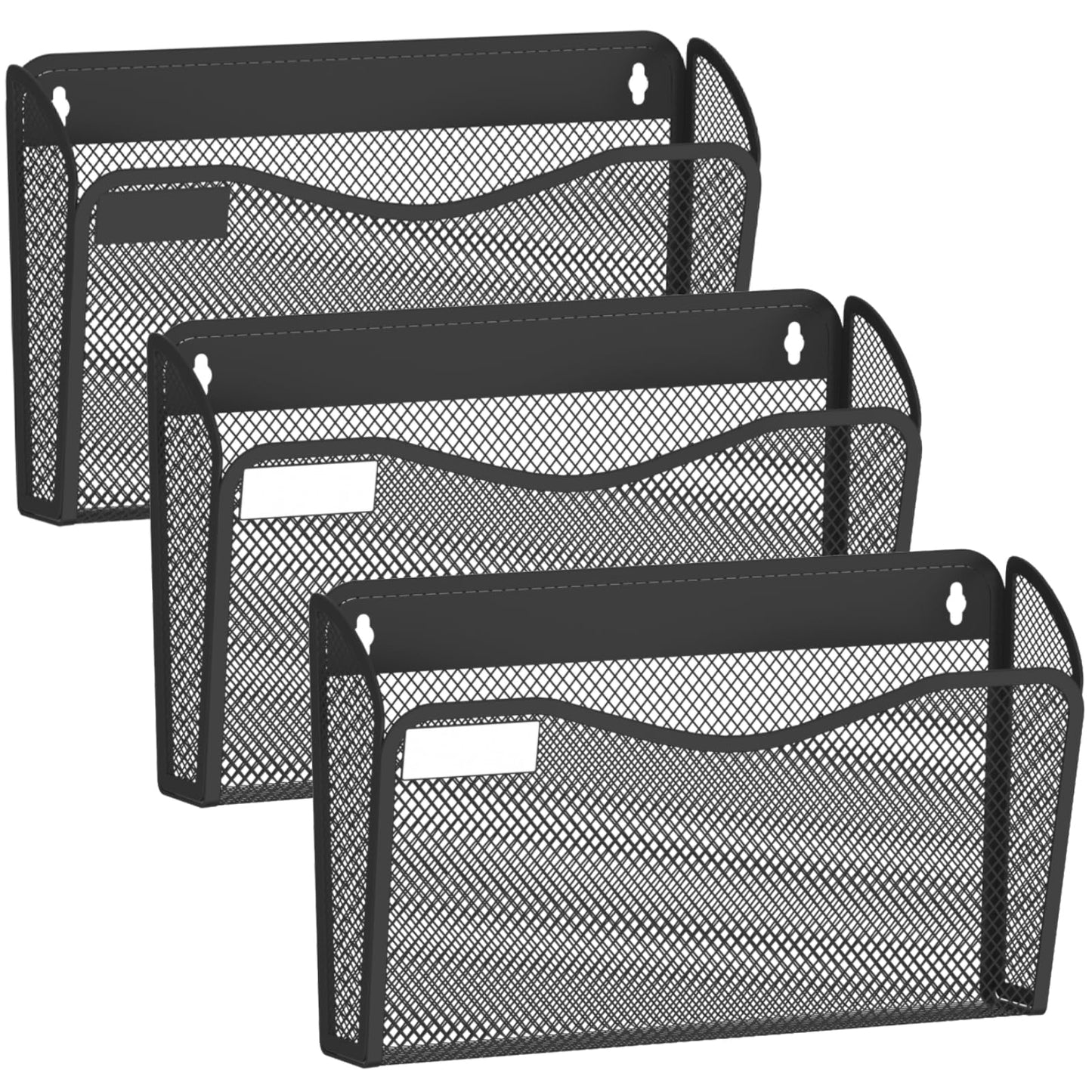 Wall File Organizer, 3 Single Pockets Mesh Hanging File Organizer, Mount Document Magazine Rack with Labels, Hanging File Folders for Office, Home and School, Black