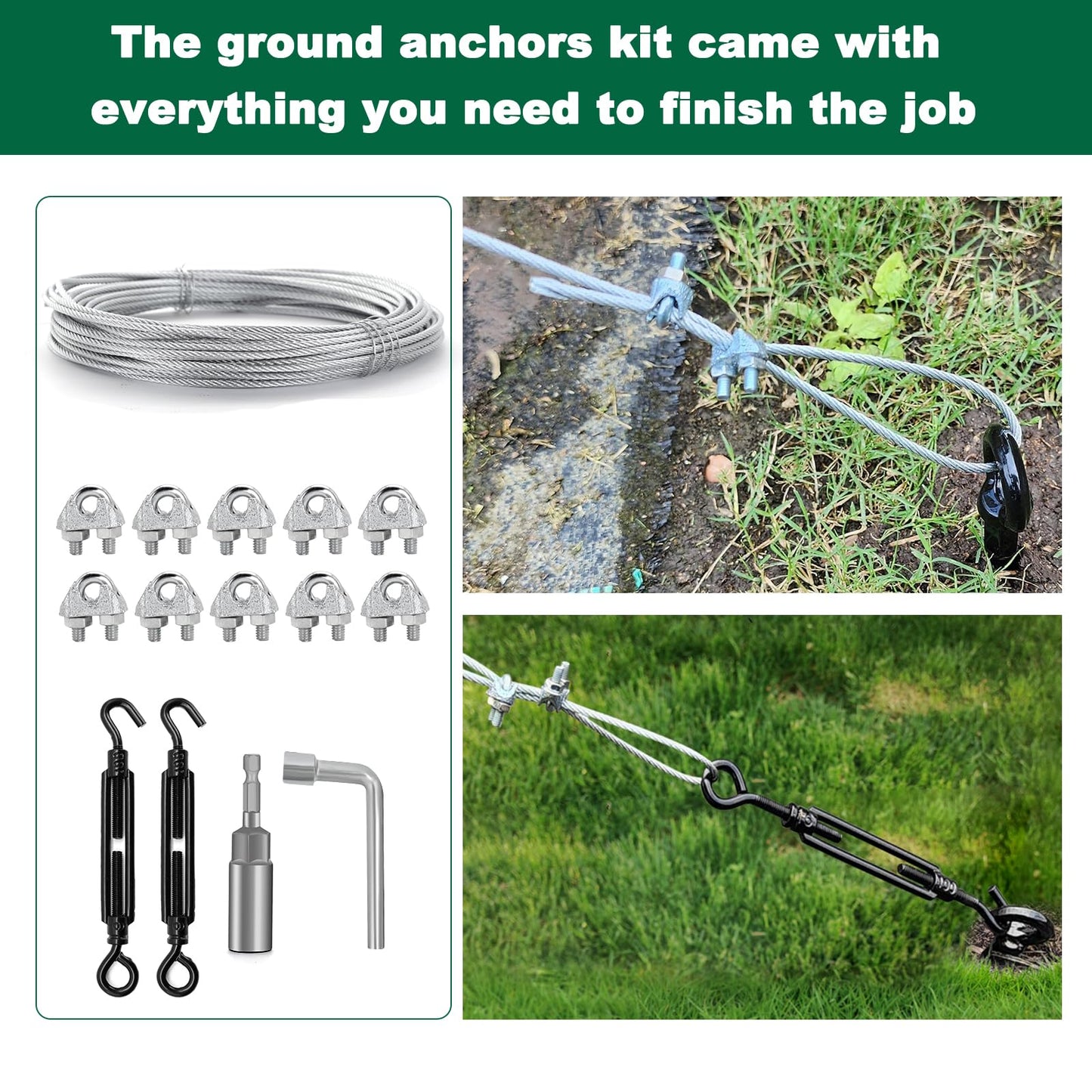 hannger 4 Pack 18" Ground Anchors, Shed Anchor Kit with 1/8" Galvanized Cable & Turnbuckles, High Wind Heavy Duty Earth Anchors for Shed Trampoline Carports Gazebo Tent Camping Swing Set Anchors