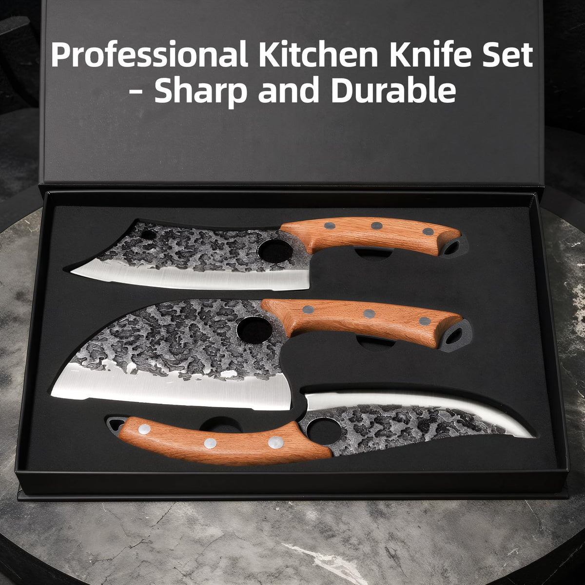 3-Piece Kitchen Knife Set – Serbian Chef's Knife,Cleaver Knife, Boning Knife, 3Pcs High Carbon Steel Hand Forged Knife Set with Ergonomic Handles for Kitchen Outdoor Cooking, Birthday Gifts for Men