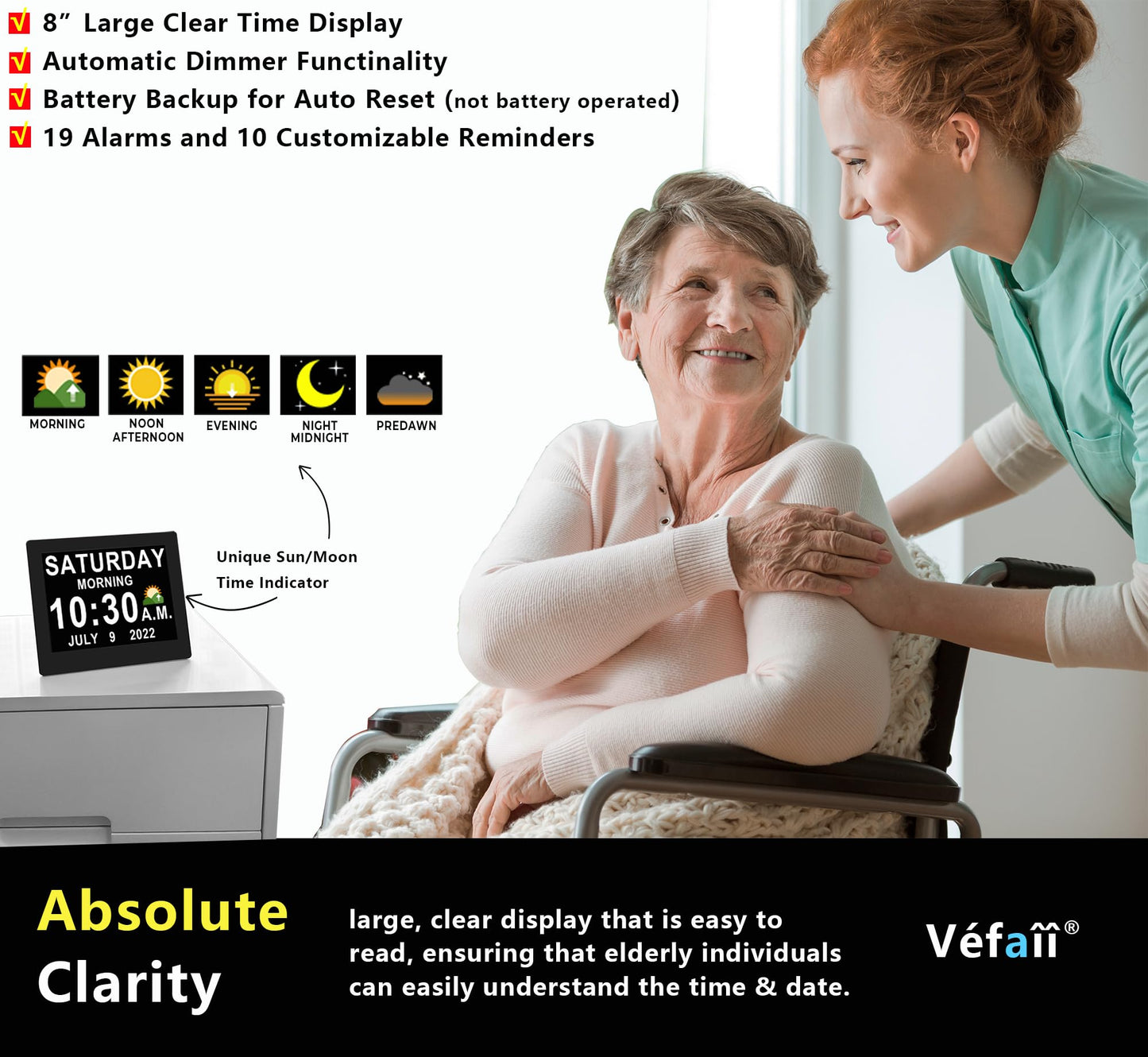 【Upgraded】 Dementia Clock 2.0 with 20 Alarms Custom Reminders, 8" Large Calendar Day Clock, AM/PM, Auto DST, 6 Display, 10 Levels Auto Dimmer, 8 Inch Clock with Day & Date for Elderly