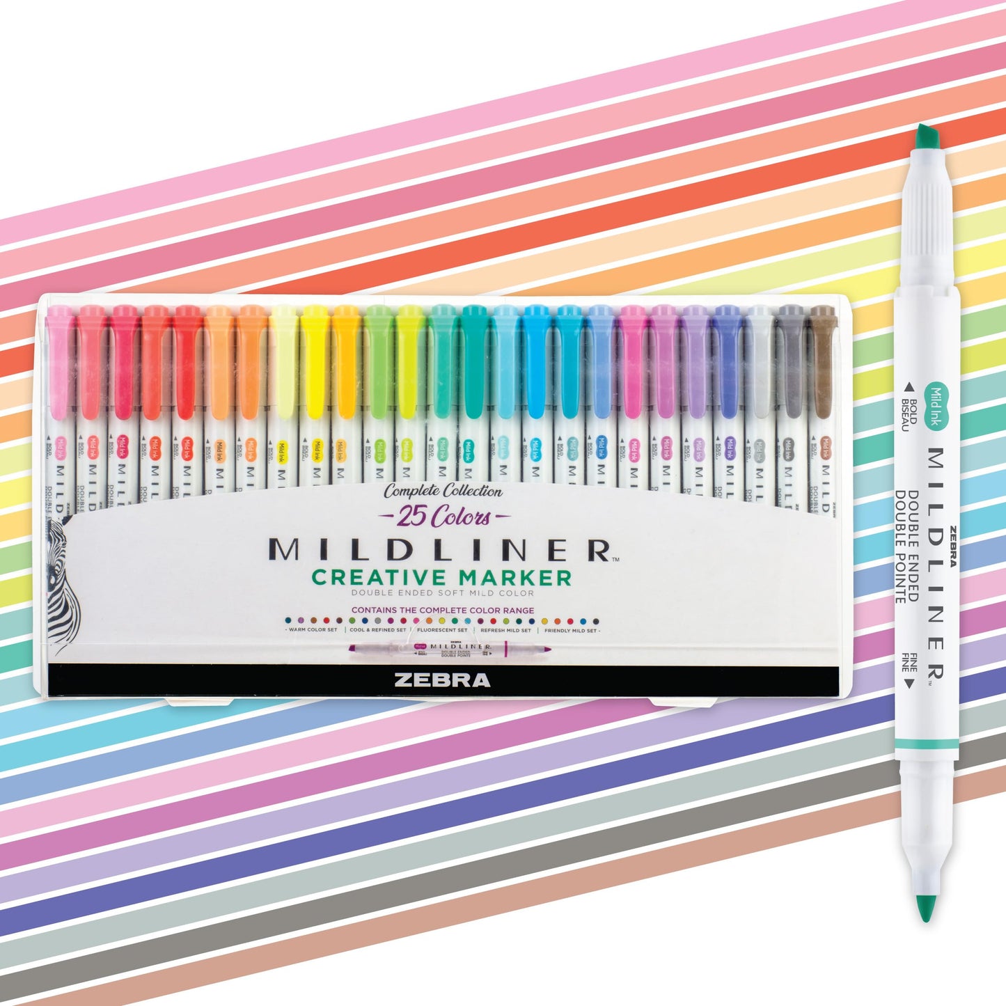 Zebra Pen MILDLINER Dual-Tip Highlighter Marker Set, Broad and Fine Point Tips, No Bleed, Ideal for Bible Highlighting, Journaling, School and Office Supplies, Assorted Ink Colours, 25-Pack (78525)
