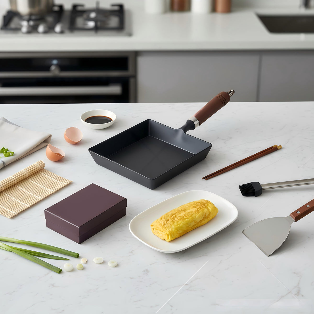 Tamagoyaki Japanese Omelette Pan Cast Iron Wooden Handle