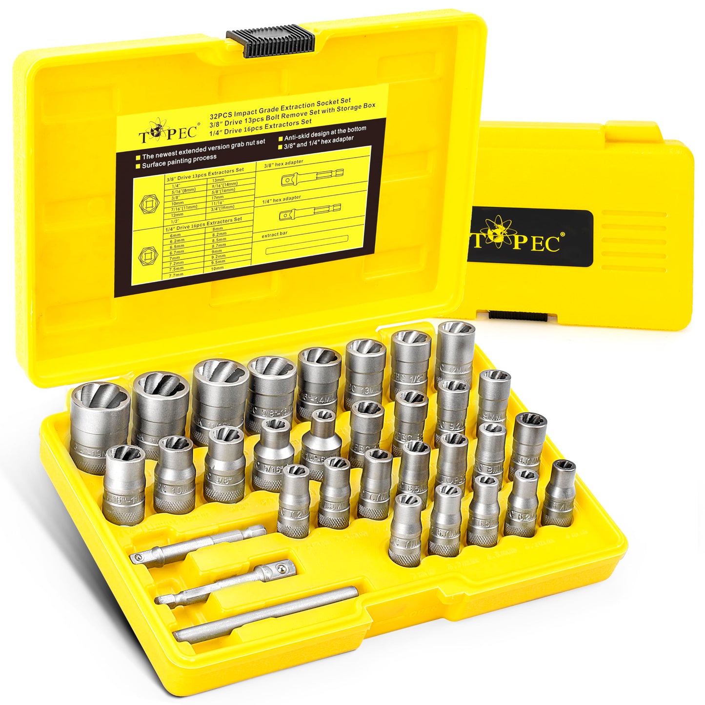 TOPEC Upgrade Bolt Extractor Kit, 32 Pieces Impact Bolt & Nut Remover Set, Stripped Lug Nut Remover, Extraction Socket Set for Removing Damaged, Frozen, Rusted, Rounded-Off Bolts, Nuts & Screws