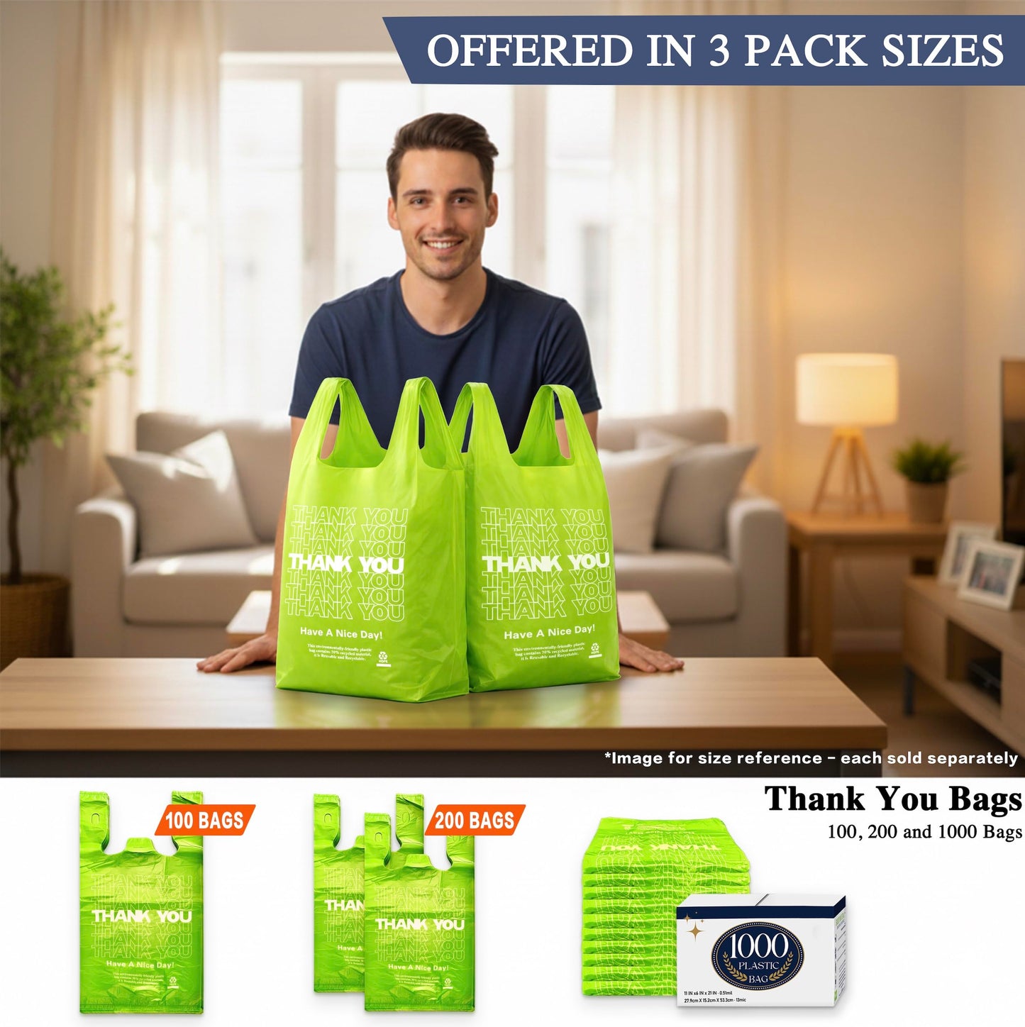 Green Thank you bags, 1000PCS T shirt bags, To Go Bags,Grocery bags, Reusable and Disposable,Perfect for Small Business,Take Out,Retail, Large