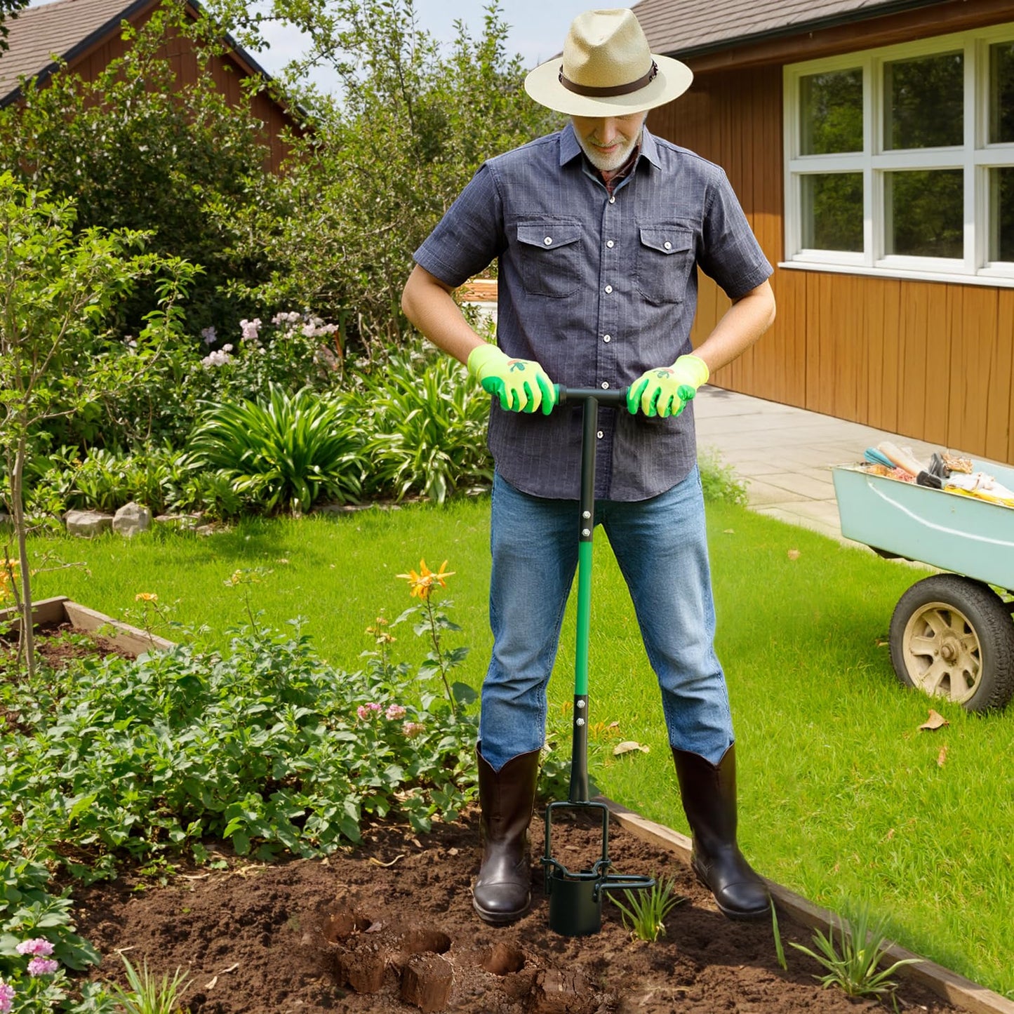 Aldorff Bulb Planter Tool, Sod Plugger with Long Handle Serrated Base, 5-in-1 Lawn Plug Garden Tool for Transplanting, Digging, Grass Plug, Soil Sampler, Planting for Tulips, Iris, Daffodils