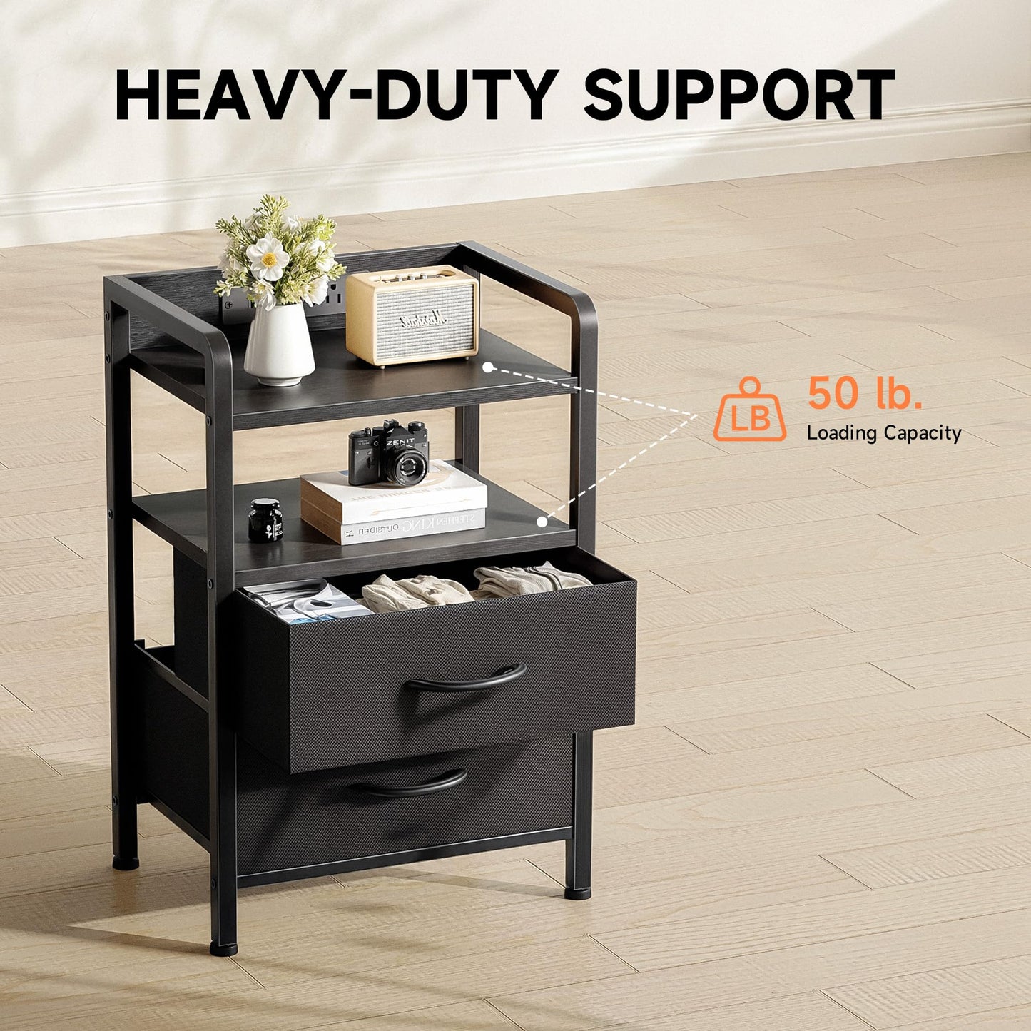 Night Stand Bedside Table Bedroom - Nightstand with Charging Station & LED Light Strip, Bed Side Table with Storage Shelf for Bedroom, End Table with U-S-B Ports & AC Outlets (Black, 2 Fabric Drawers)