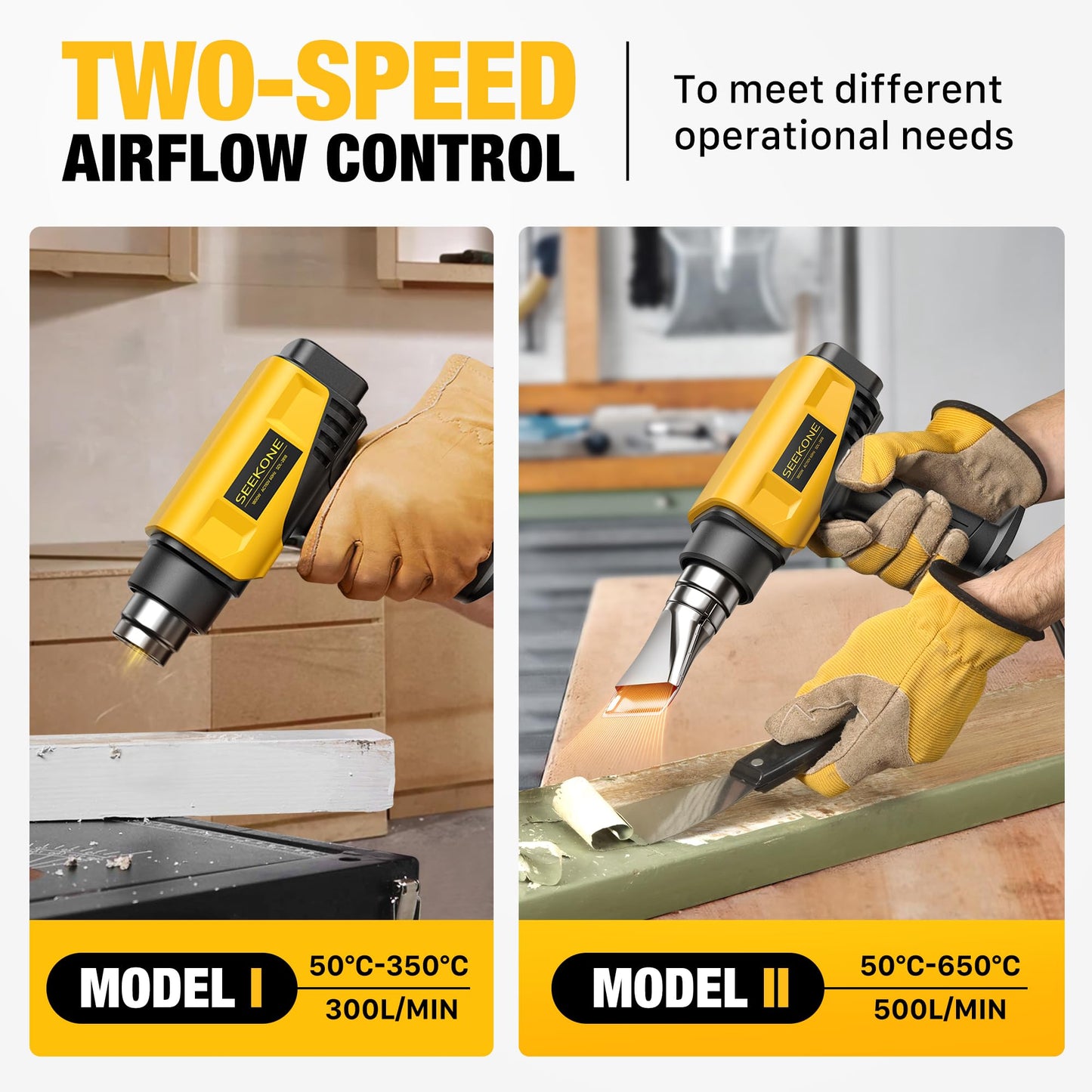 SEEKONE 1800W Heat Gun Compact Design Heavy Duty Hot Air Gun 122℉-1202℉（50℃- 650℃）Variable Temperature Control for 2 Speed Settings with 4 Nozzels for Crafts, Vinyl Wrap, Shrink Tubing