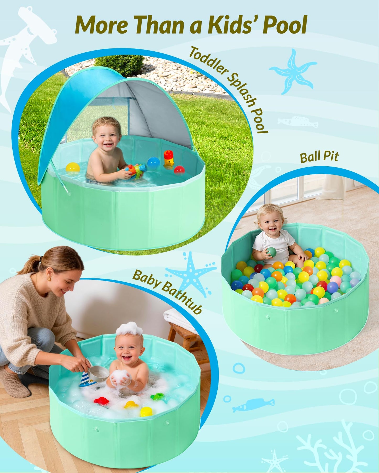 Hikiddy Foldable Kiddie Pool with Canopy: 31.5in Baby Pool (Blue&Mint, 31.5in)