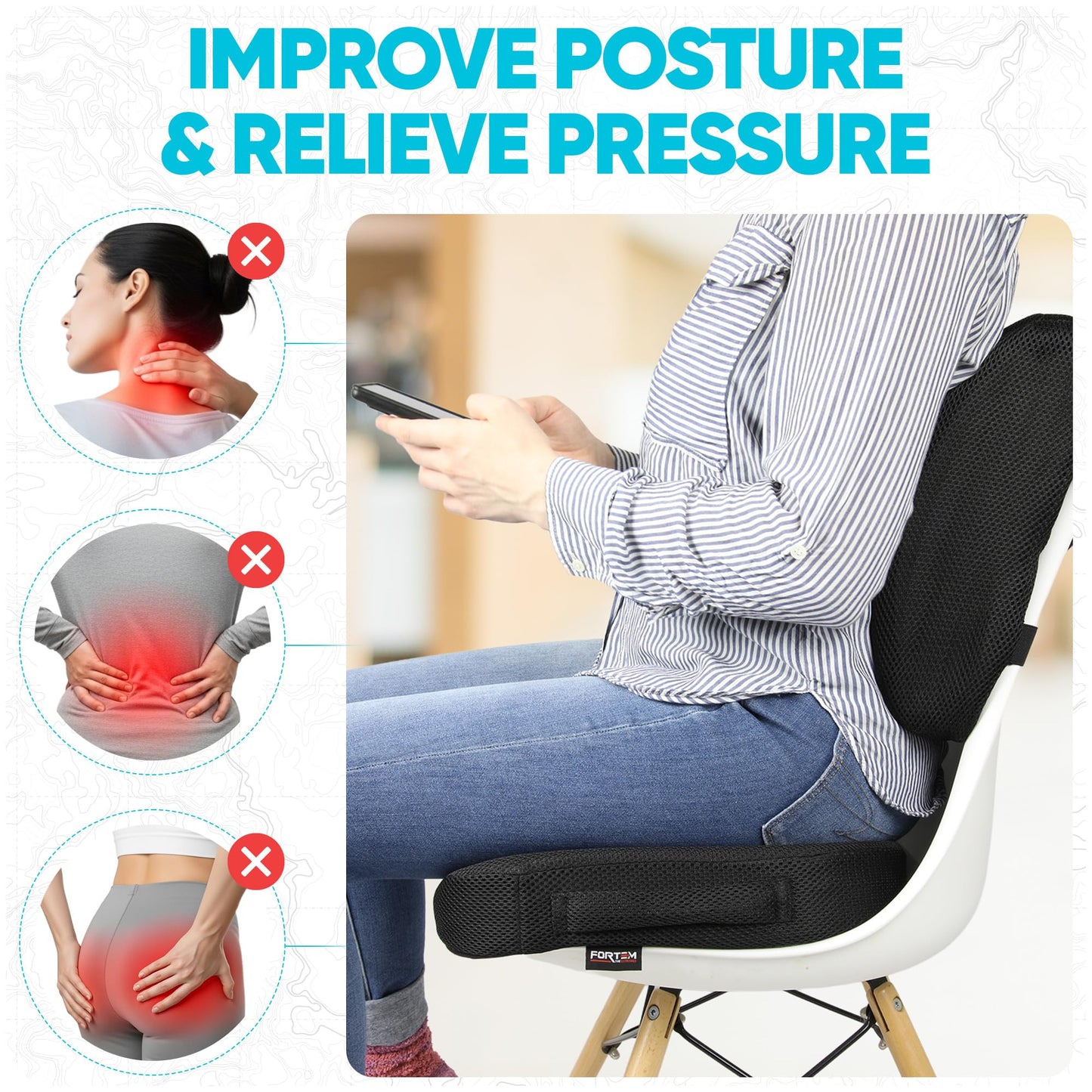 FORTEM Chair Cushion, Seat Cushion for Office Chair, Lumbar Support Pillow for Chair, Car Seat Cushion, Back Support Memory Foam Pillow Washable Cover (Black, Mesh)