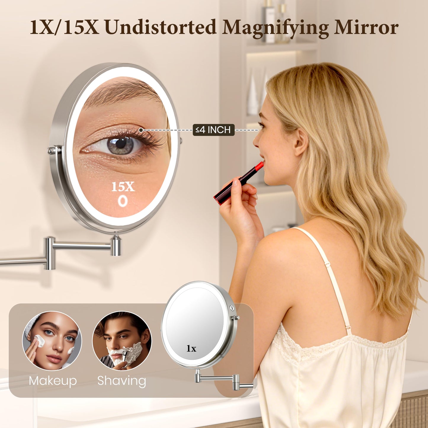 5000mAh Rechargeable Wall-Mounted Lighted Makeup Mirror, 15X HD Magnifying Mirror with 3-Color Dimmable LED Lights, Touch-Sensitive Control, 17" Extendable 360° Swivel Bathroom Mirror, Pearl Nickel