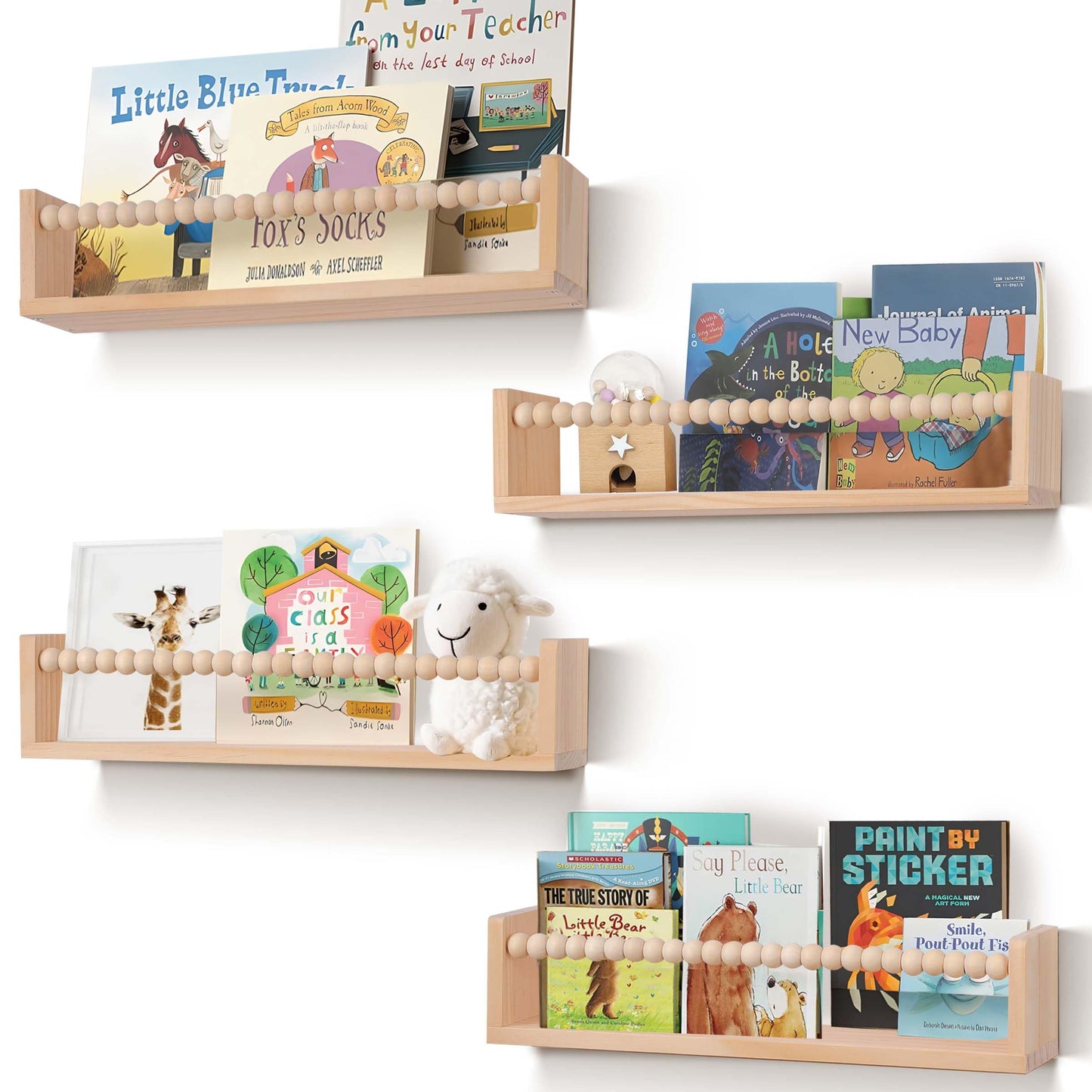 birola Nursery Book Shelves Set of 4,Wood Floating Nursery Shelves for Wall,Wall Bookshelves for Kids(Set of 4 Natural)