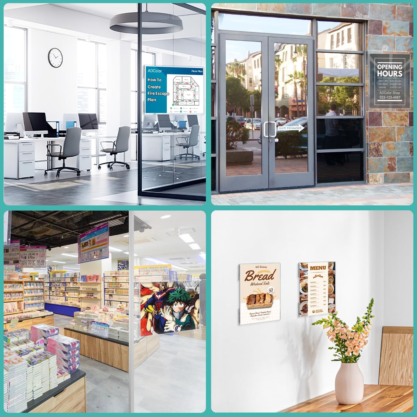 ADColor 6Pack Clear Wall Mount Acrylic Sign Holder 8.5x11 inches, Vertical Plexi Poster Document Flyer Display Holder with Adhesive Tape, Plastic Certificate Ad Picture Frame Set for Door Window Wall Display-No Drill