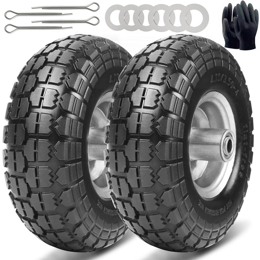 4.10/3.50-4 Tire and Dolly Wheel Flat Free - Solid Rubber Hand Truck Wheels 5/8" Axle - Gorilla Cart Tires Replacement for Garden, Wagon, Yard and Wheelbarrow (10 Inch 2 Pack)